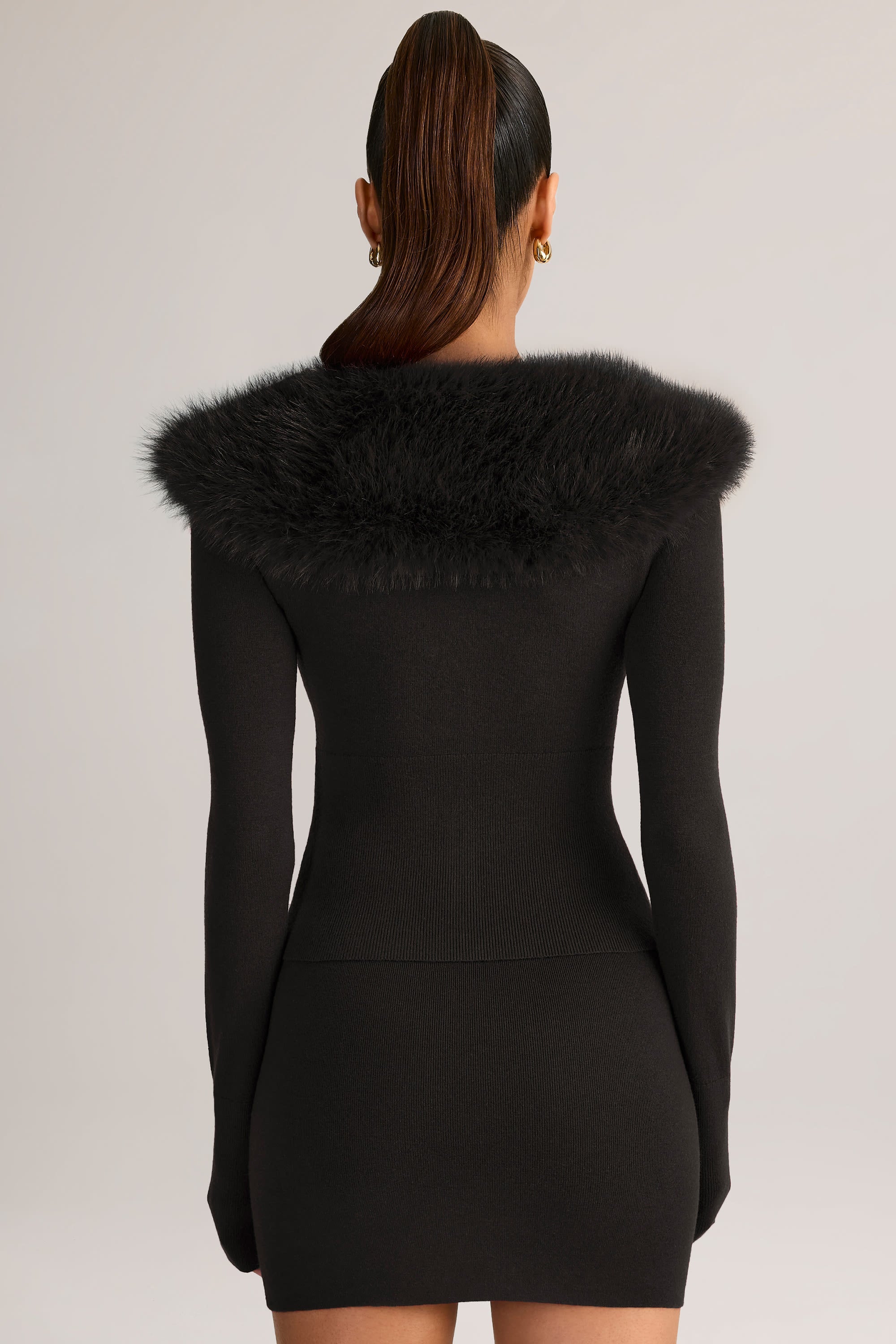 Knit Faux Fur-Trim Cardigan in Black