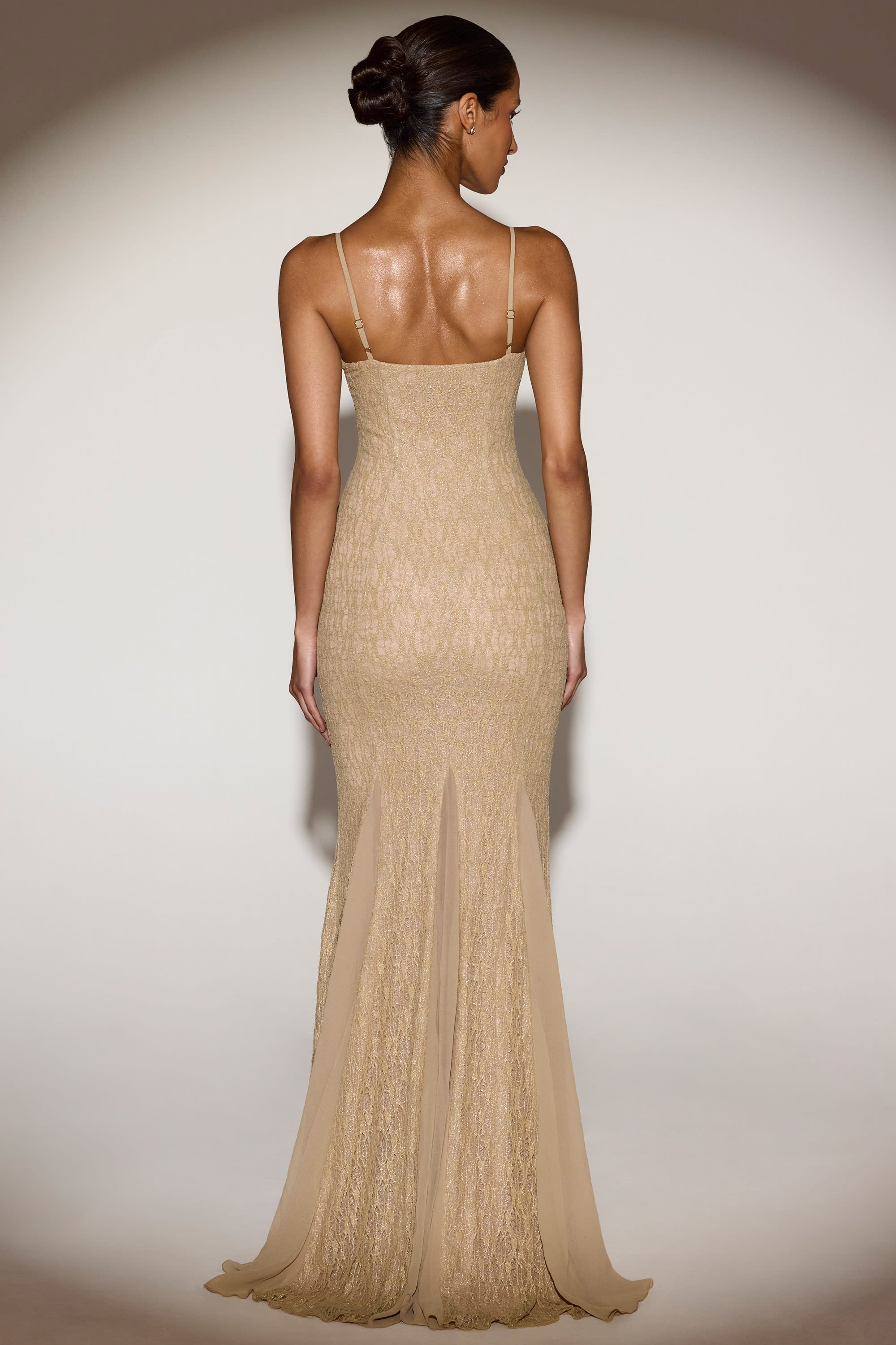 Metallic Lace Godet Gown in Gold