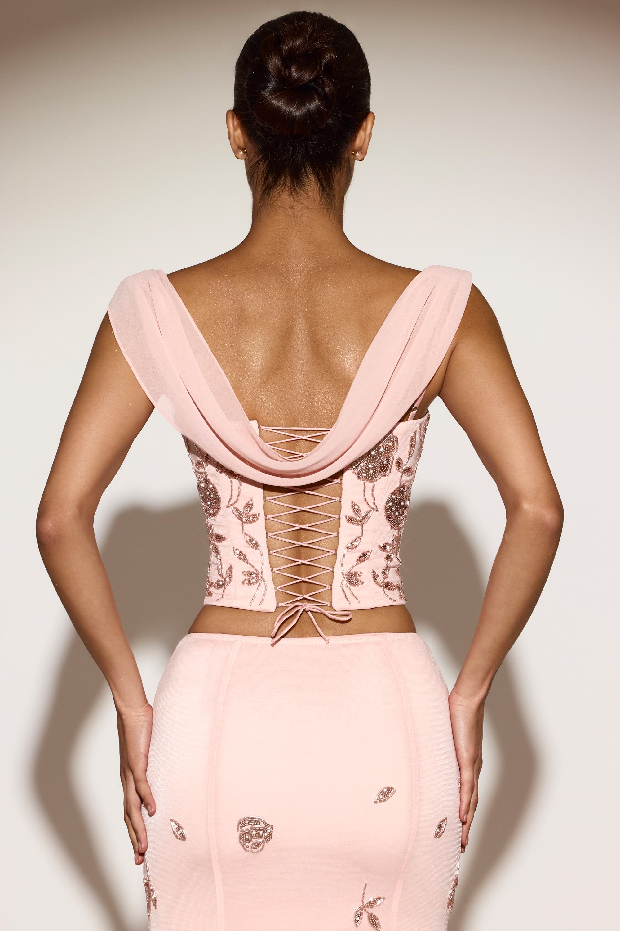 Embellished Draped Lace-Up Corset Top in Pink