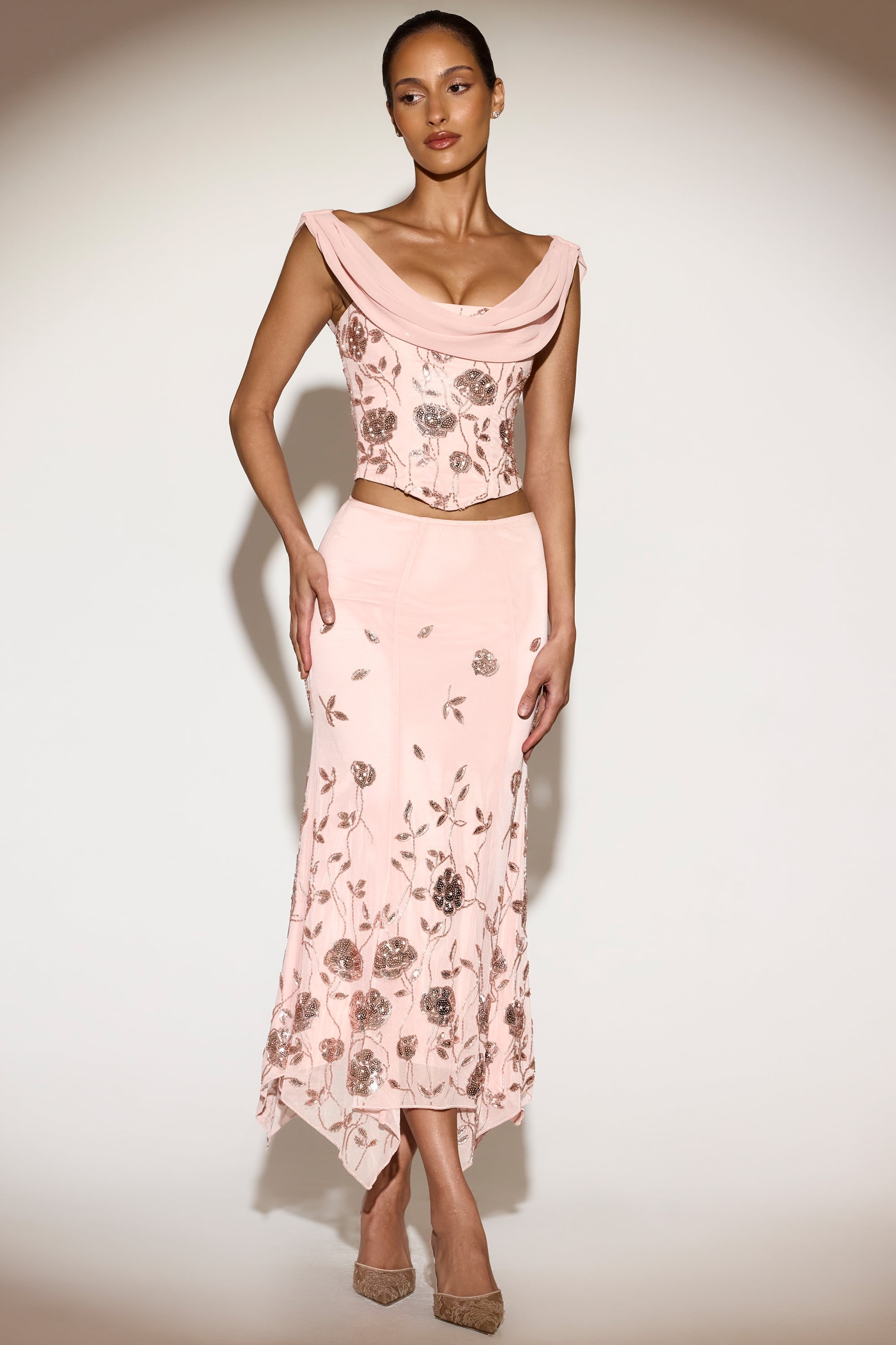 Embellished Hanky Hem Midaxi Skirt in Pink