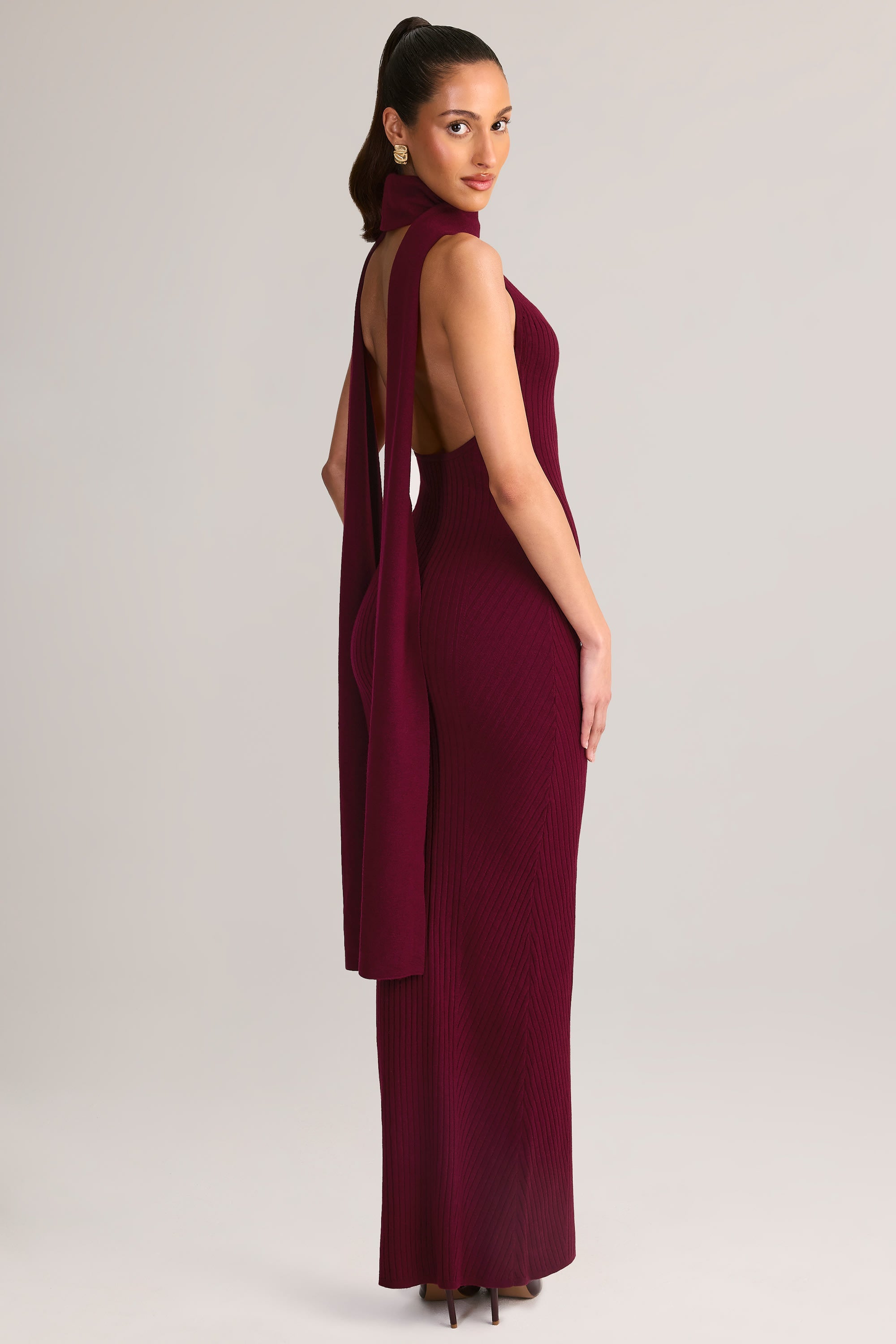 Knit Scarf-Detail Halterneck Maxi Dress in Wine