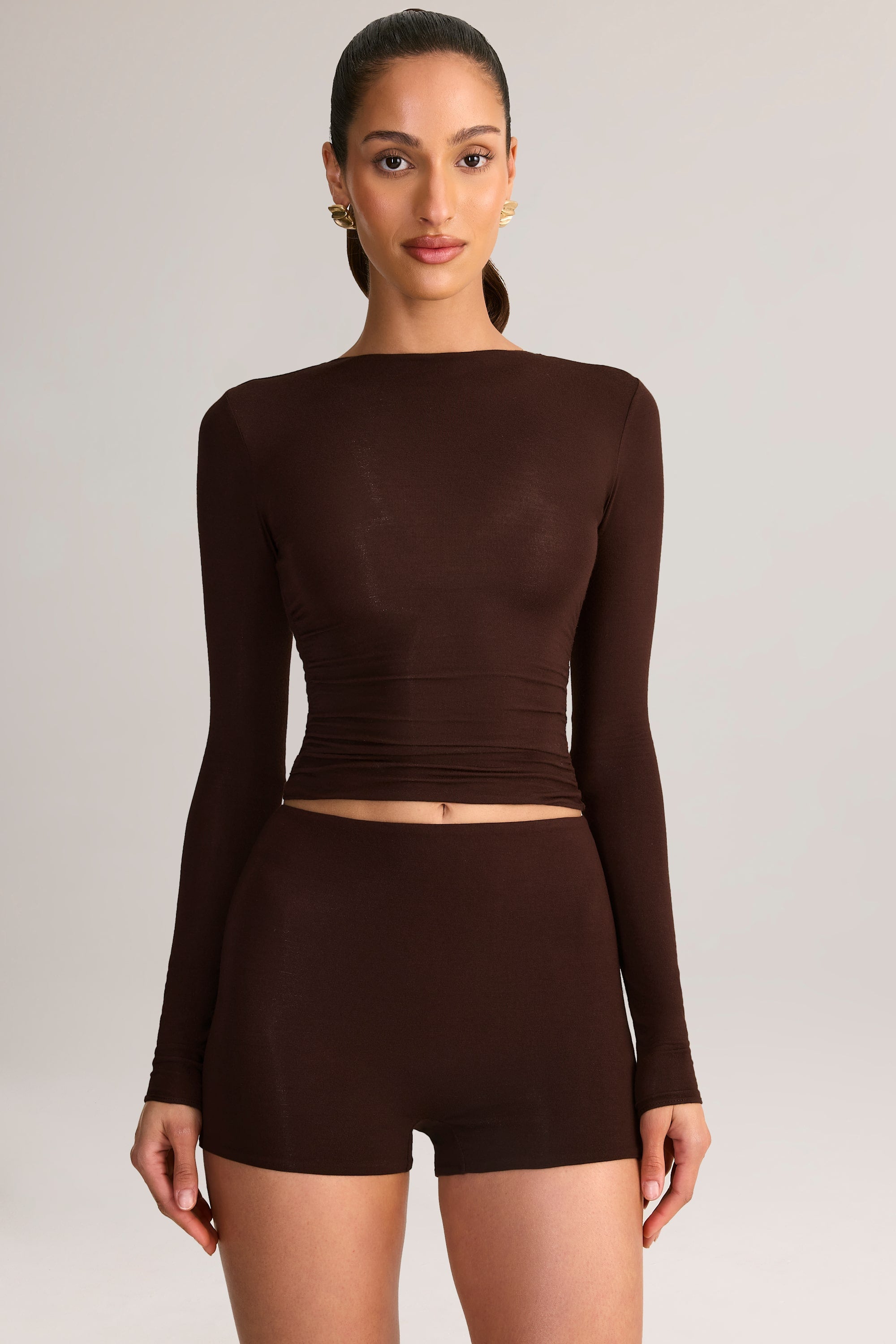 Modal High-Rise Mini Shorts in Chocolate Brown