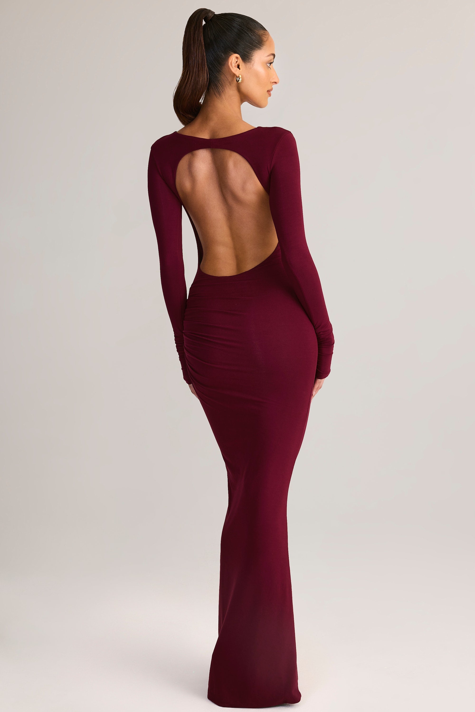 Modal Ruched Backless Maxi Dress in Wine