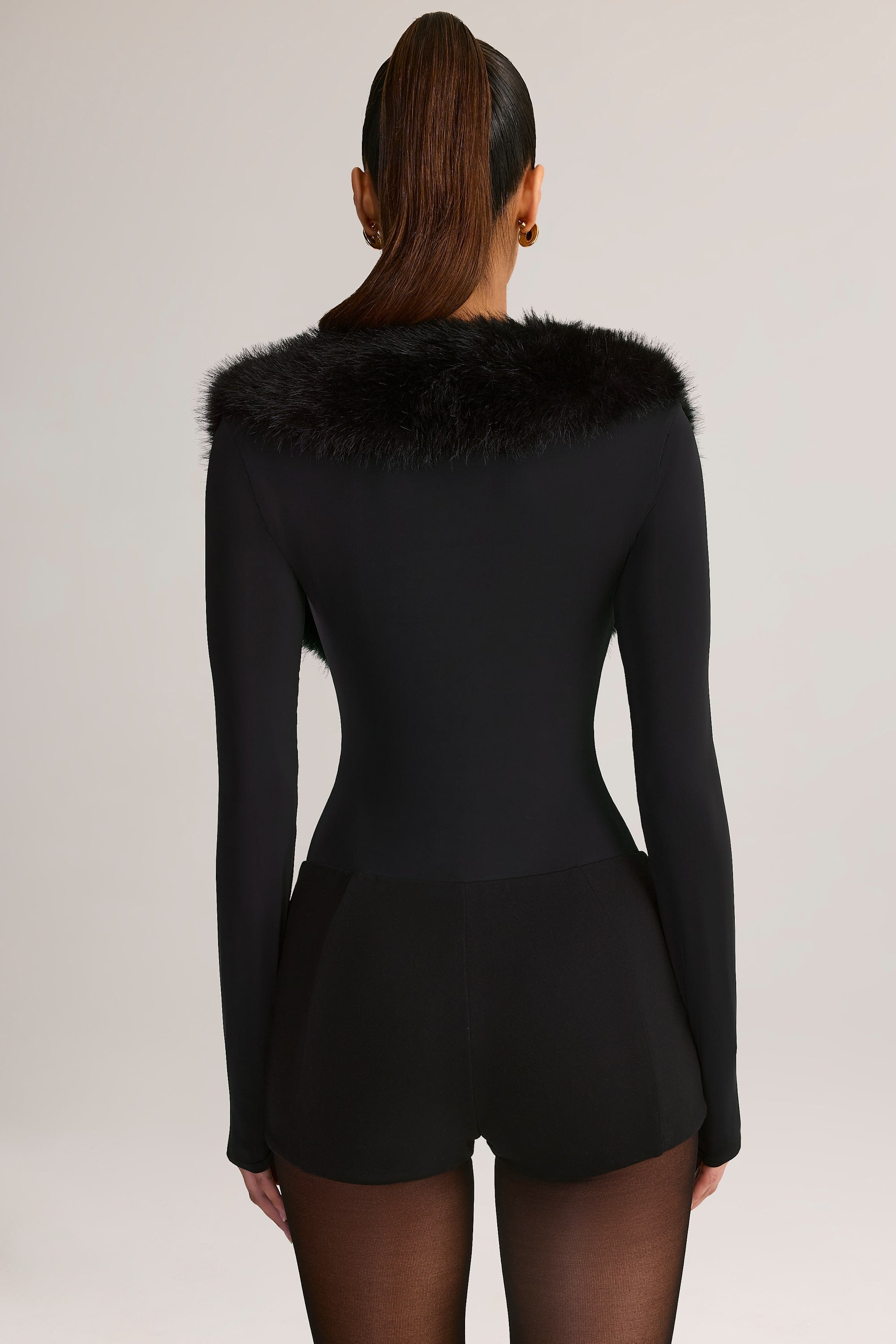 Faux Fur-Trim Playsuit in Black