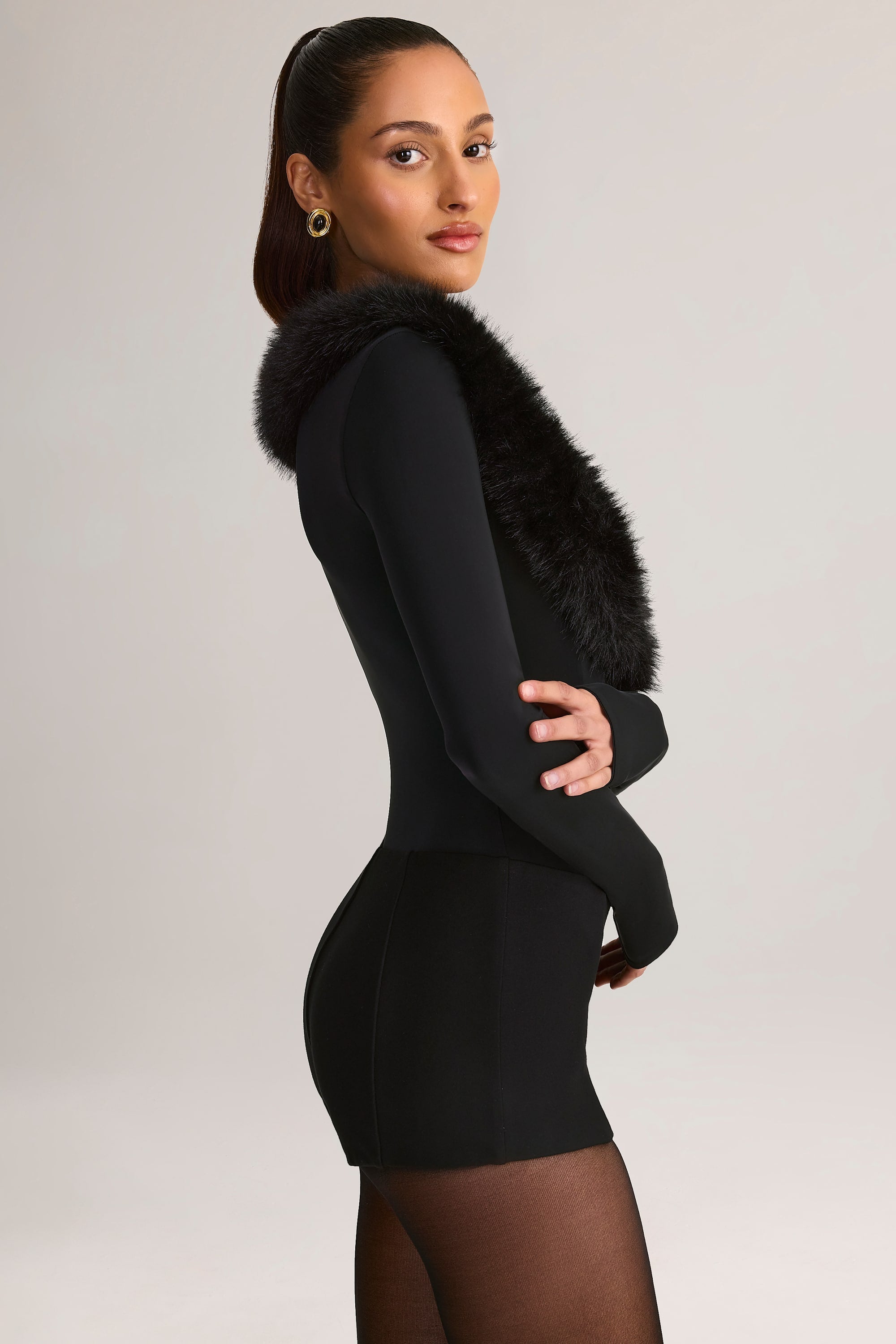 Faux Fur-Trim Playsuit in Black