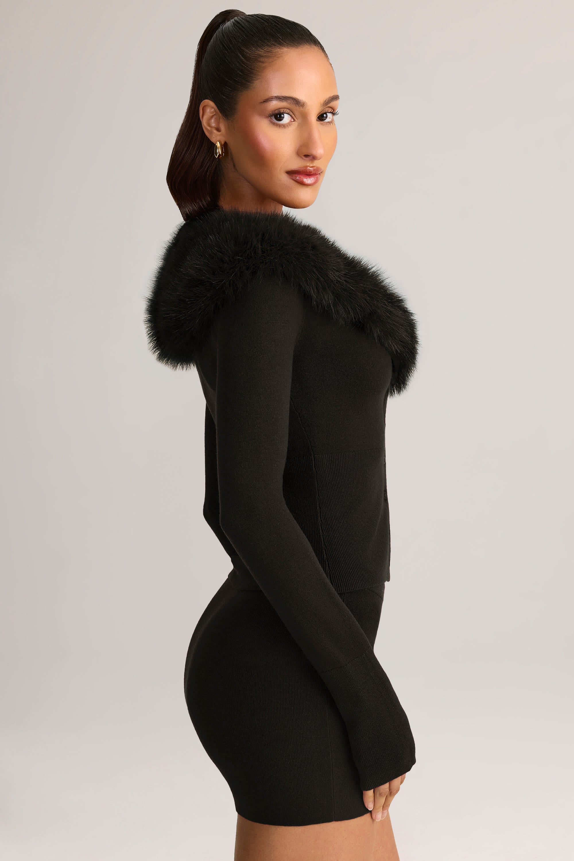 Knit Faux Fur-Trim Cardigan in Black