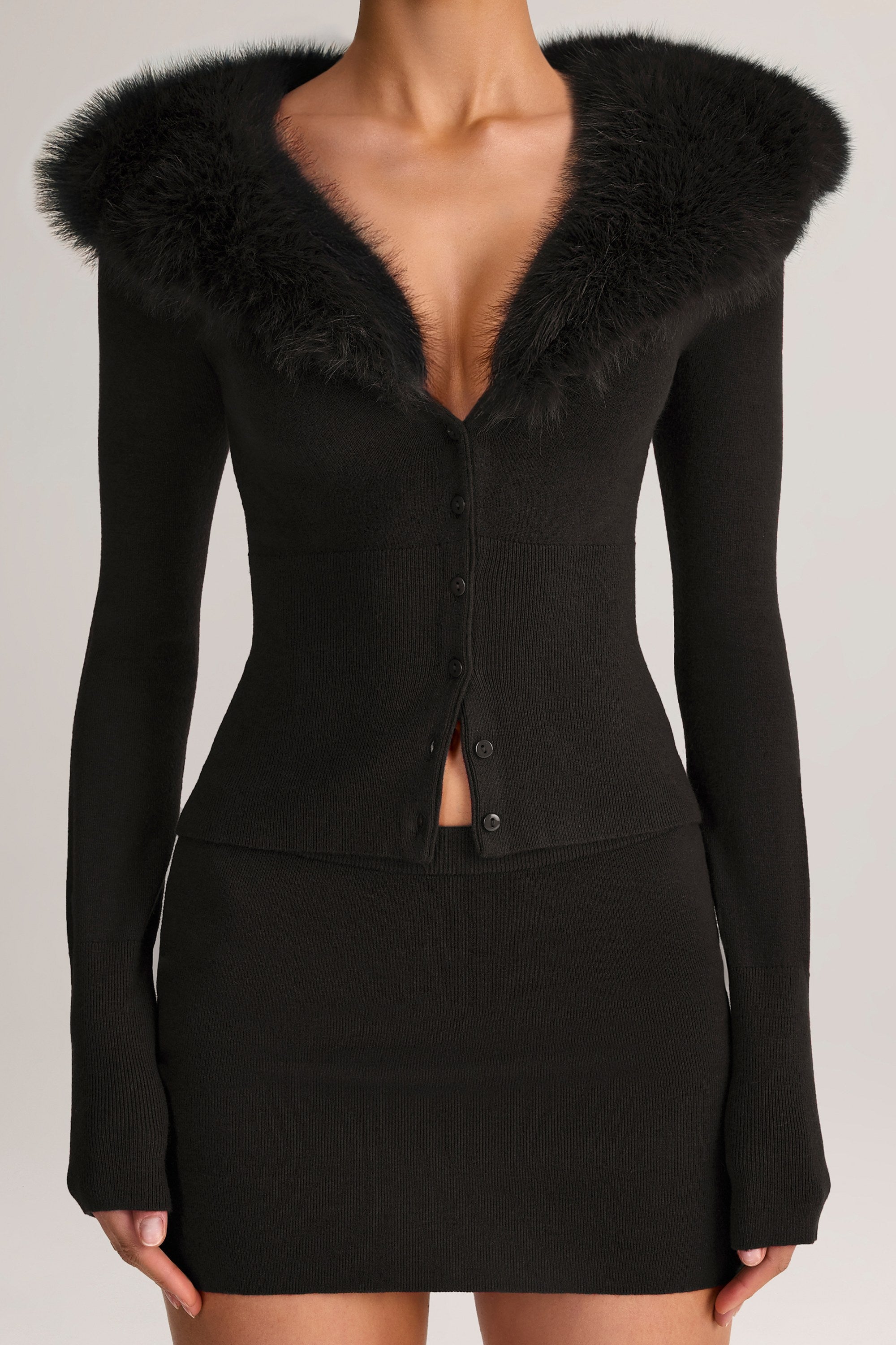 Knit Faux Fur-Trim Cardigan in Black