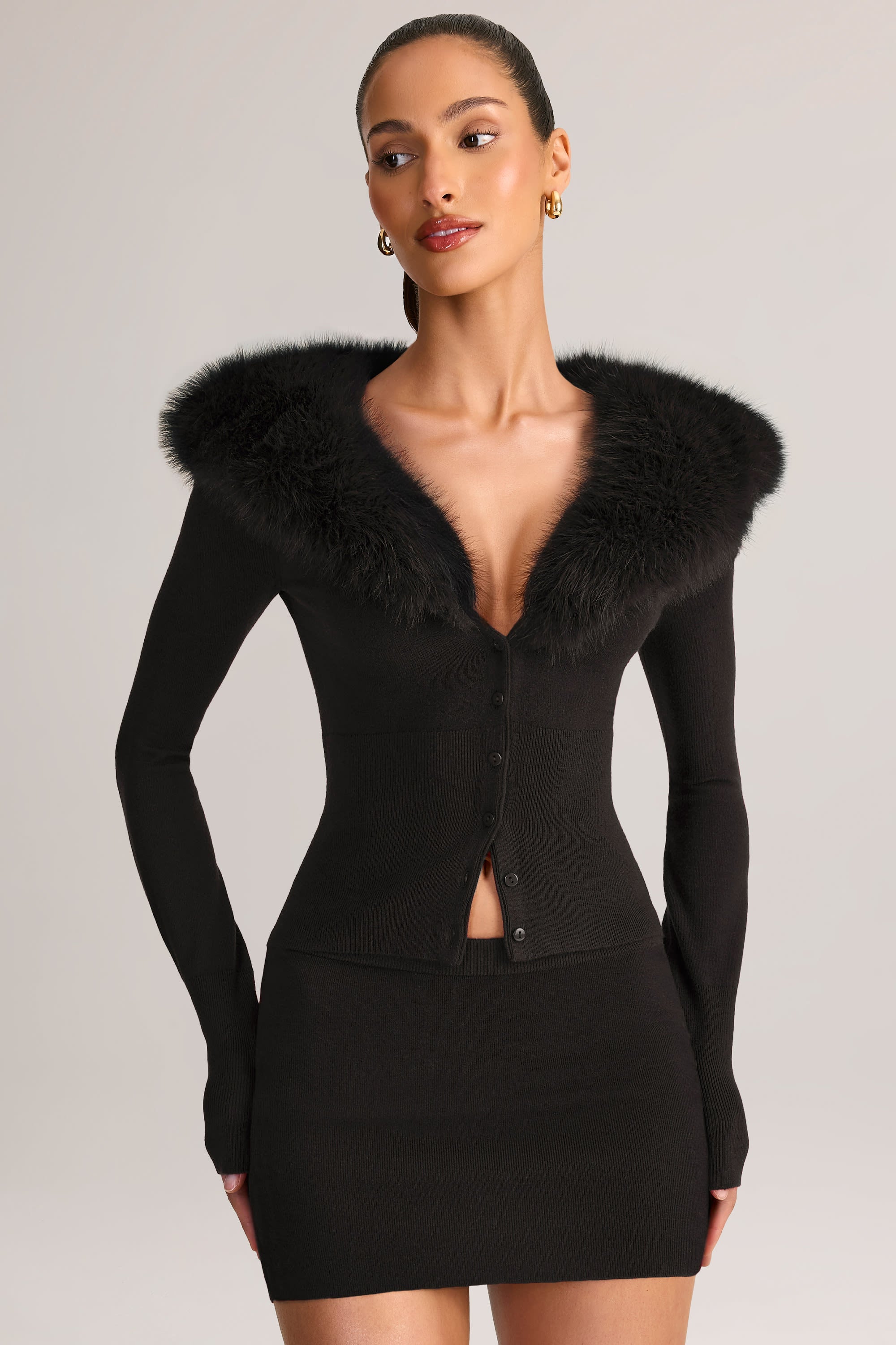 Knit Faux Fur-Trim Cardigan in Black