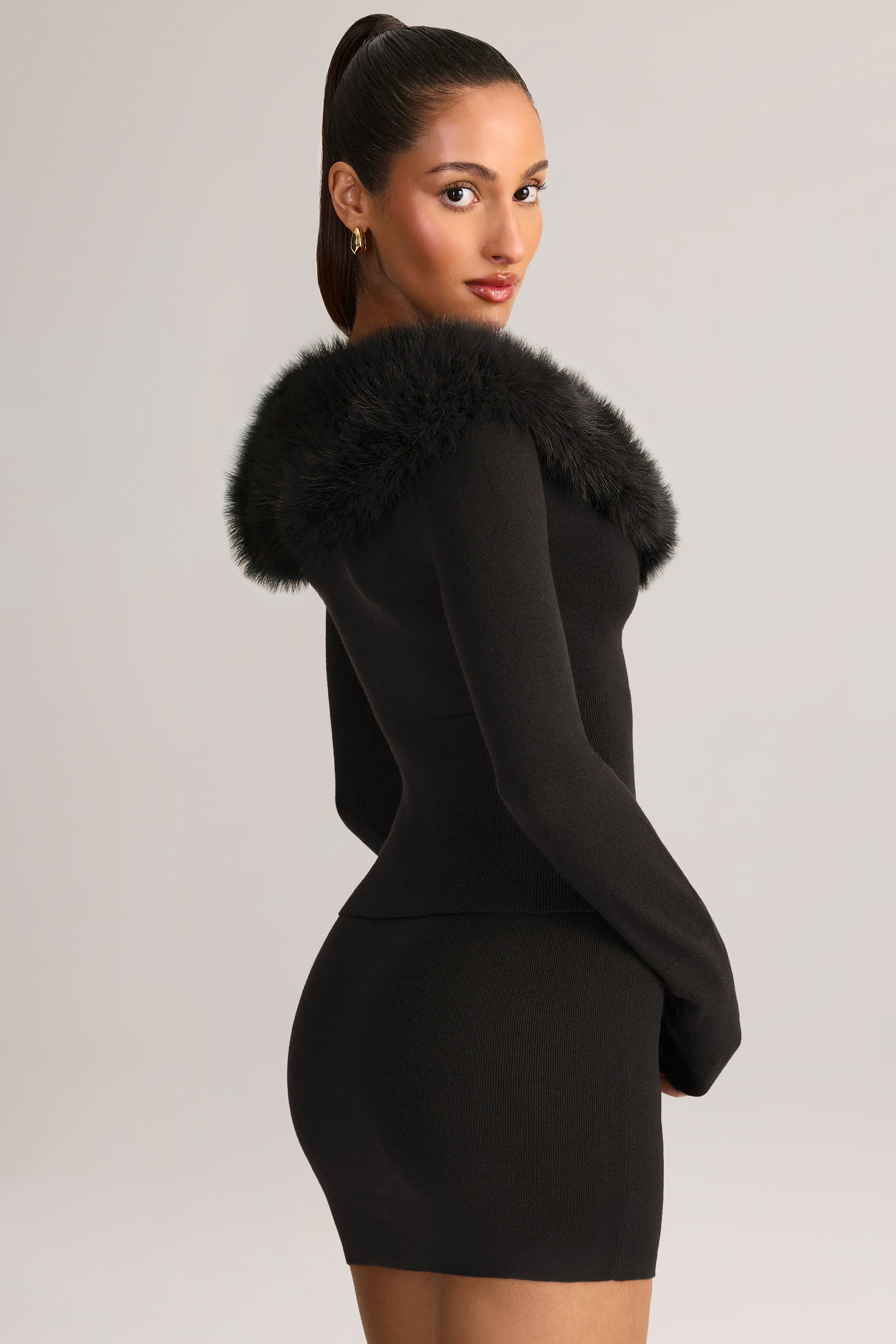 Knit Faux Fur-Trim Cardigan in Black