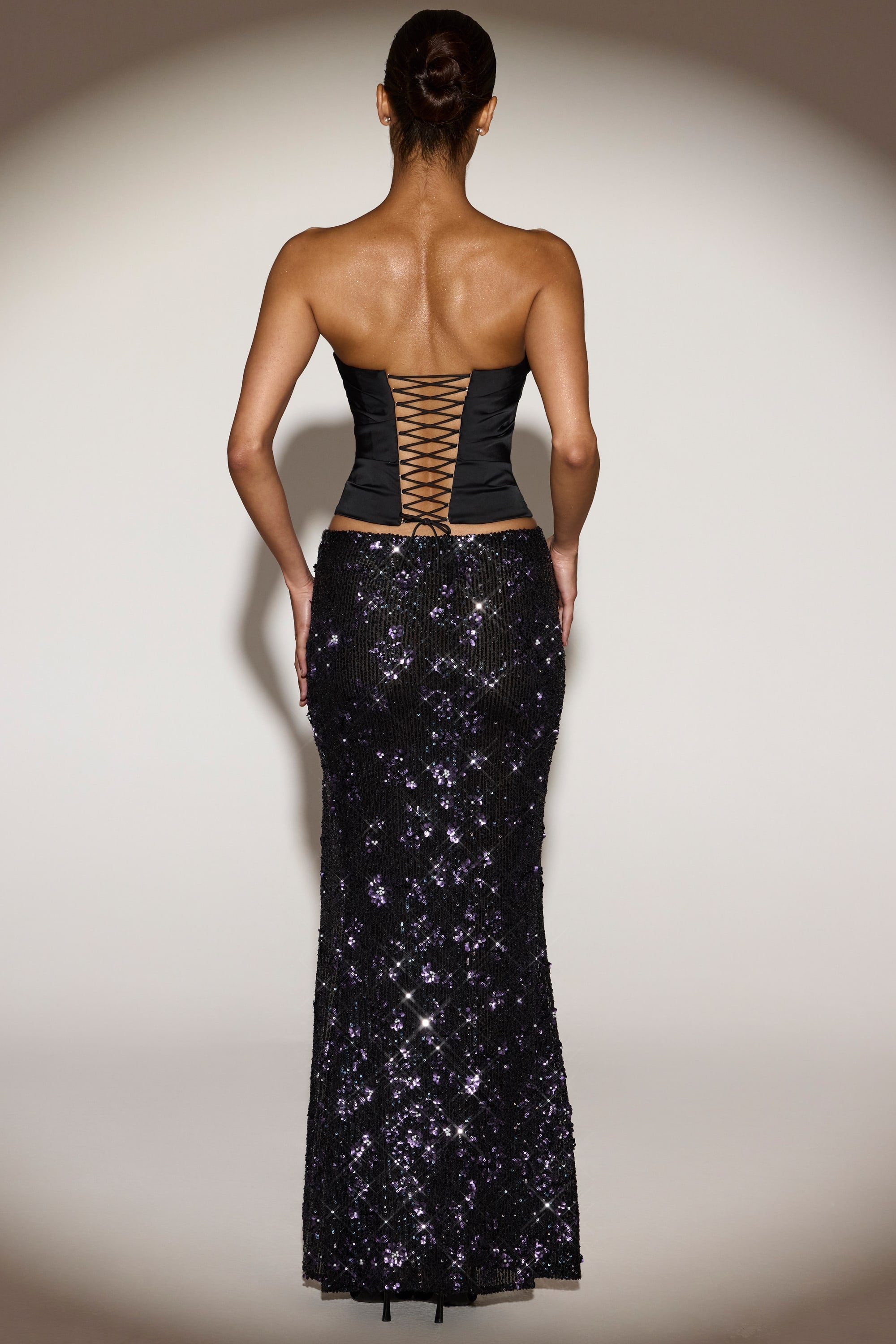 Embellished Mid-Rise Maxi Skirt in Black Purple