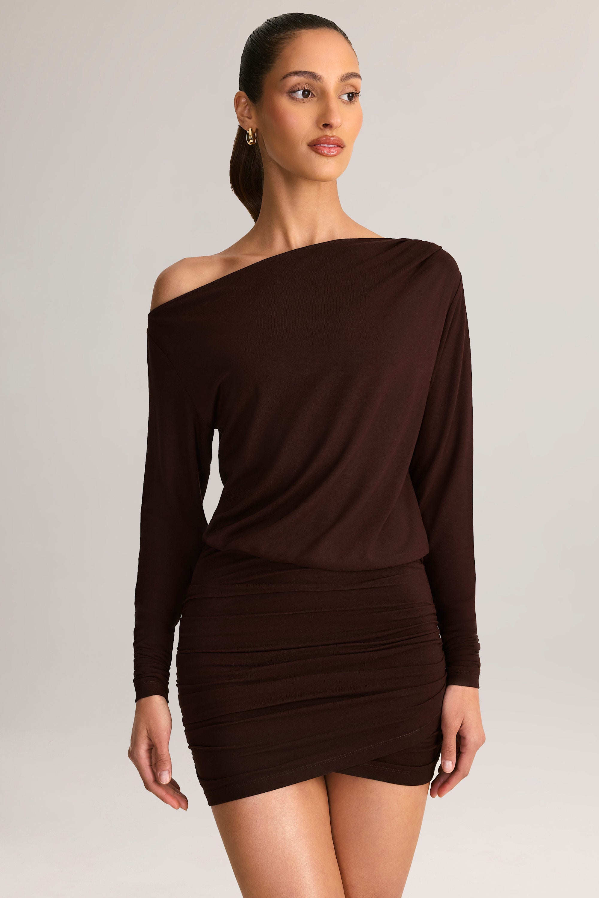 Modal Off-Shoulder Mini Dress in Chocolate Brown