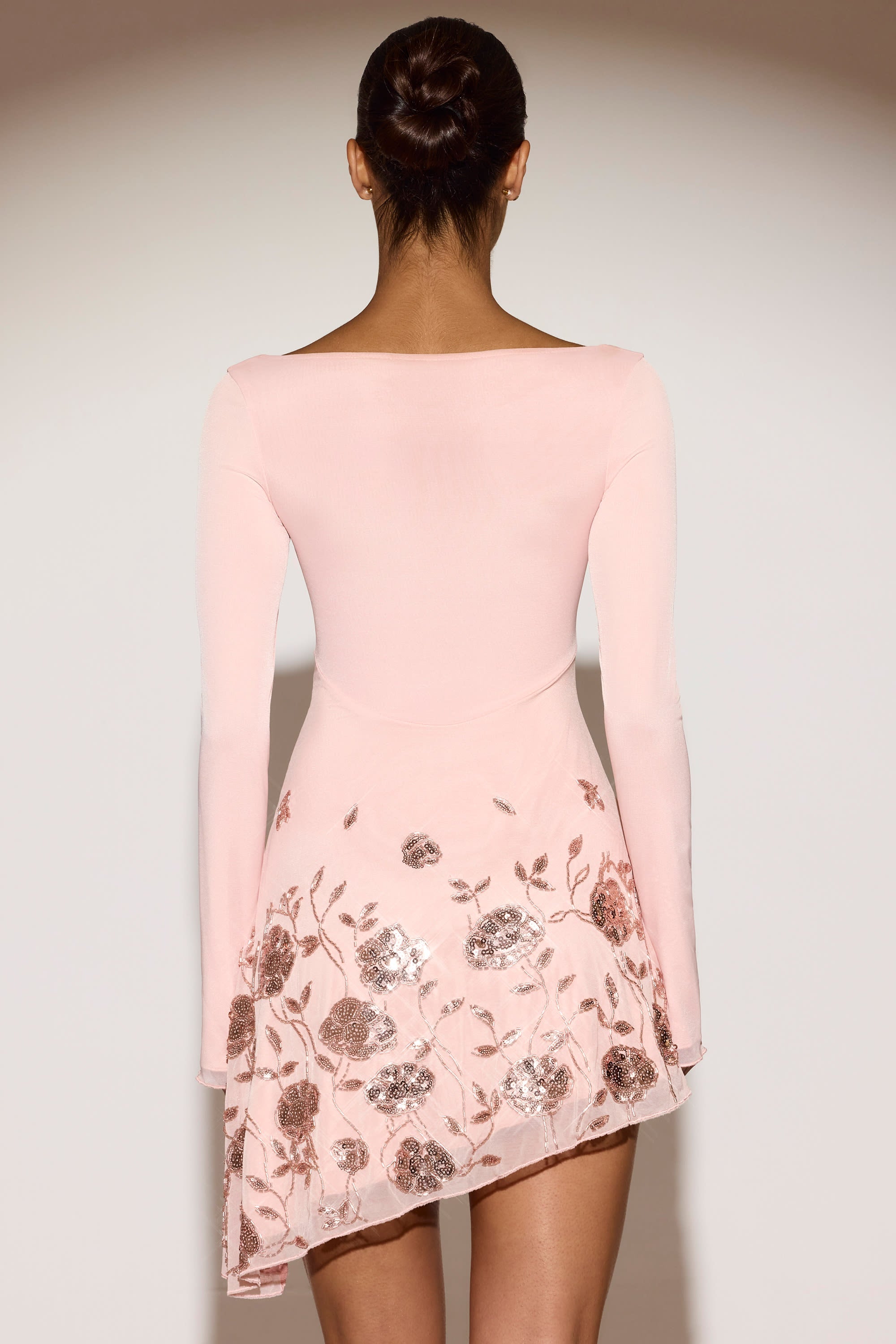 Embellished Asymmetric Mini Dress in Pink
