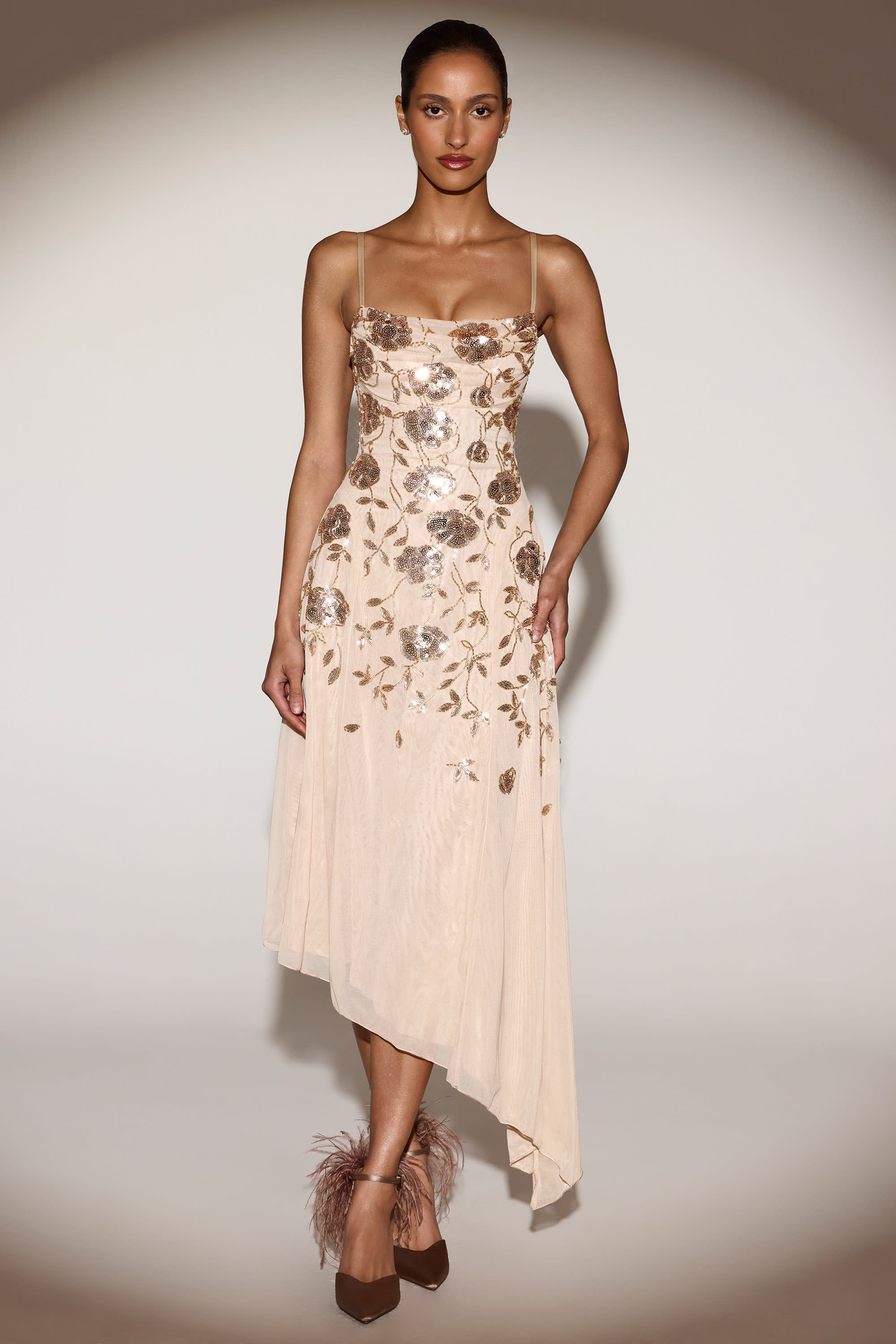 Embellished Asymmetric Midaxi Dress in Gold