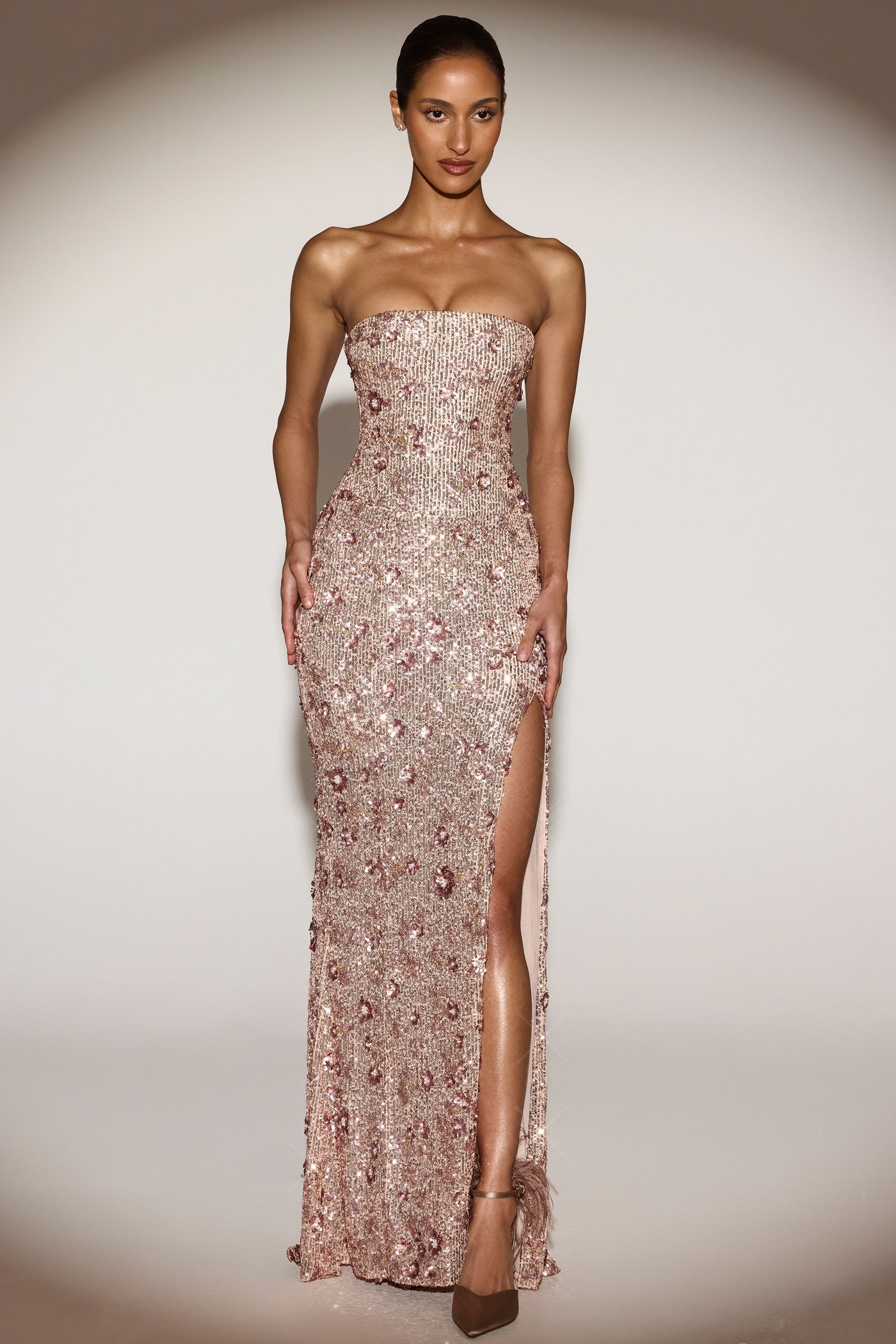 Embellished Strapless Gown in Rose Gold