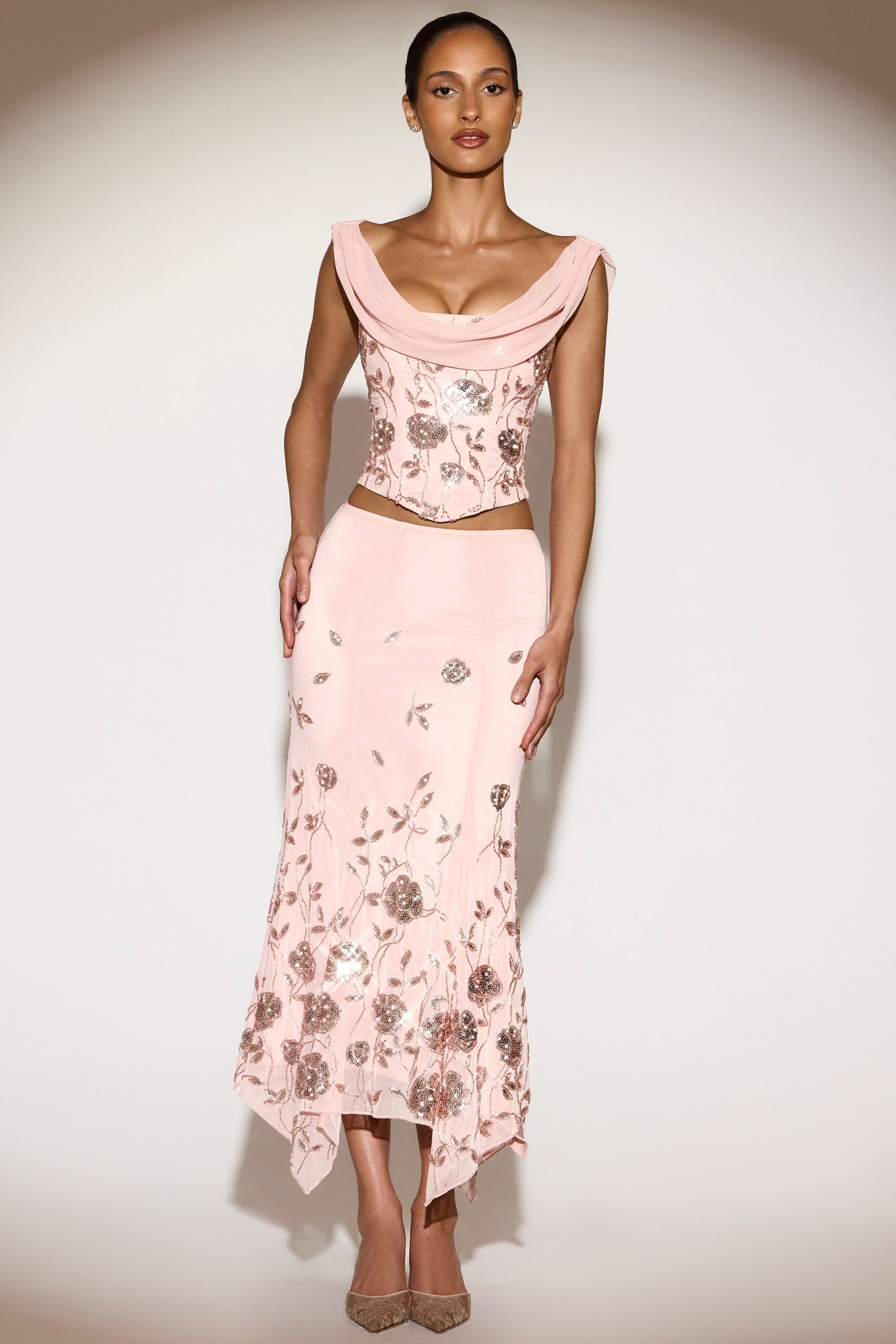 Embellished Hanky Hem Midaxi Skirt in Pink