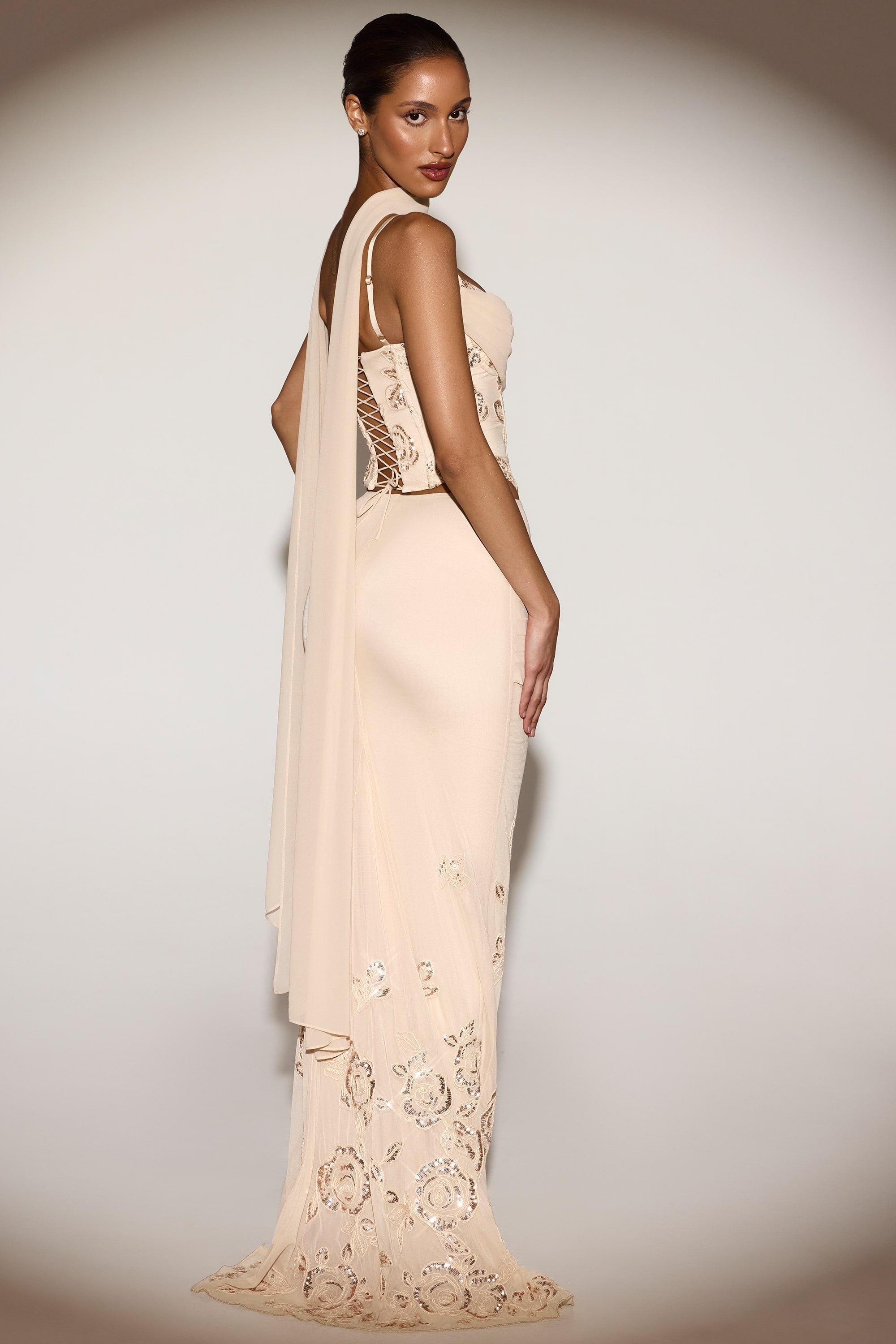 Embellished Lace-Up Corset Top With Scarf in Gold