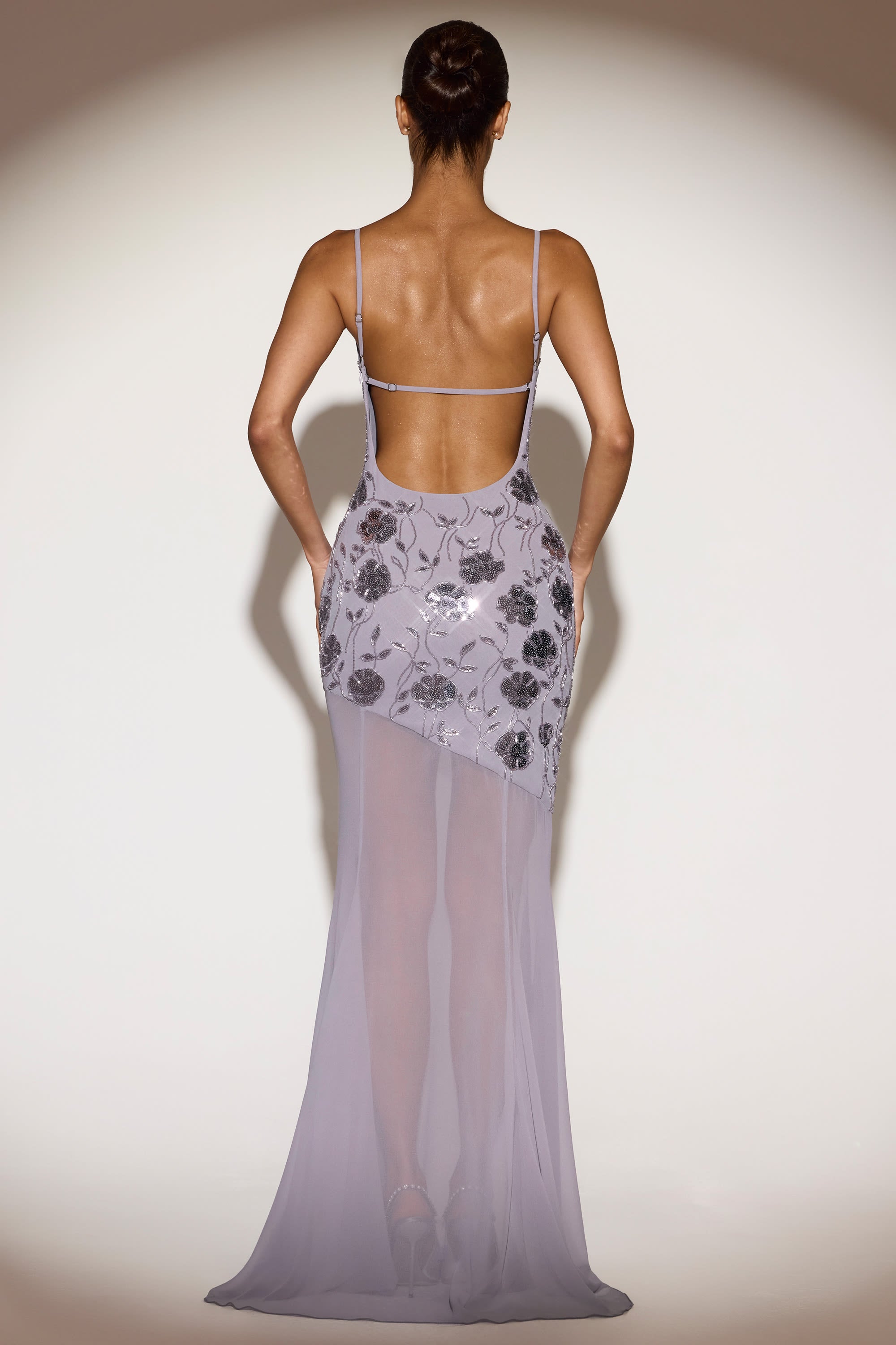 Embellished Cowl-Neck Backless Gown in Lilac