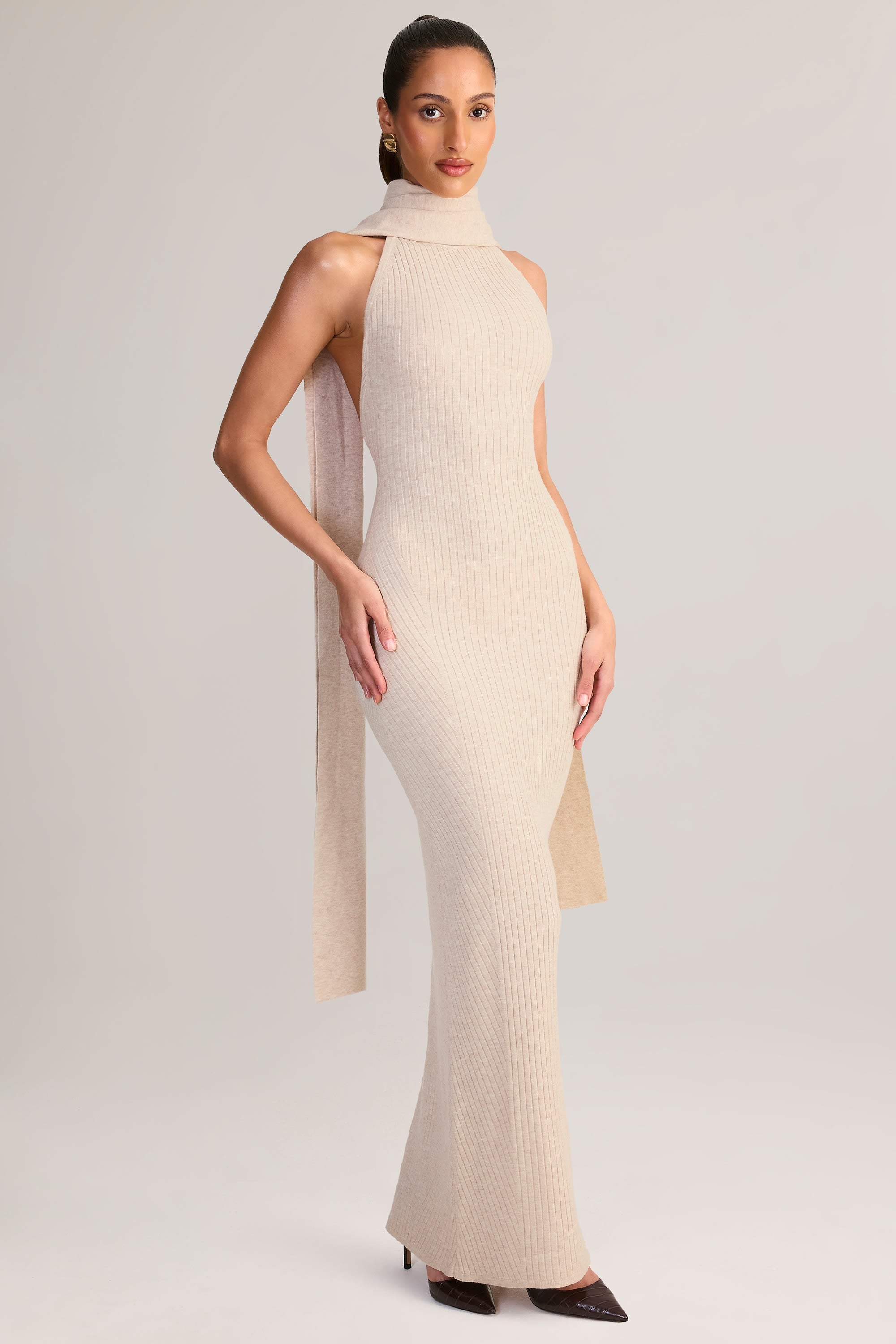Knit Scarf-Detail Halterneck Maxi Dress in Cream