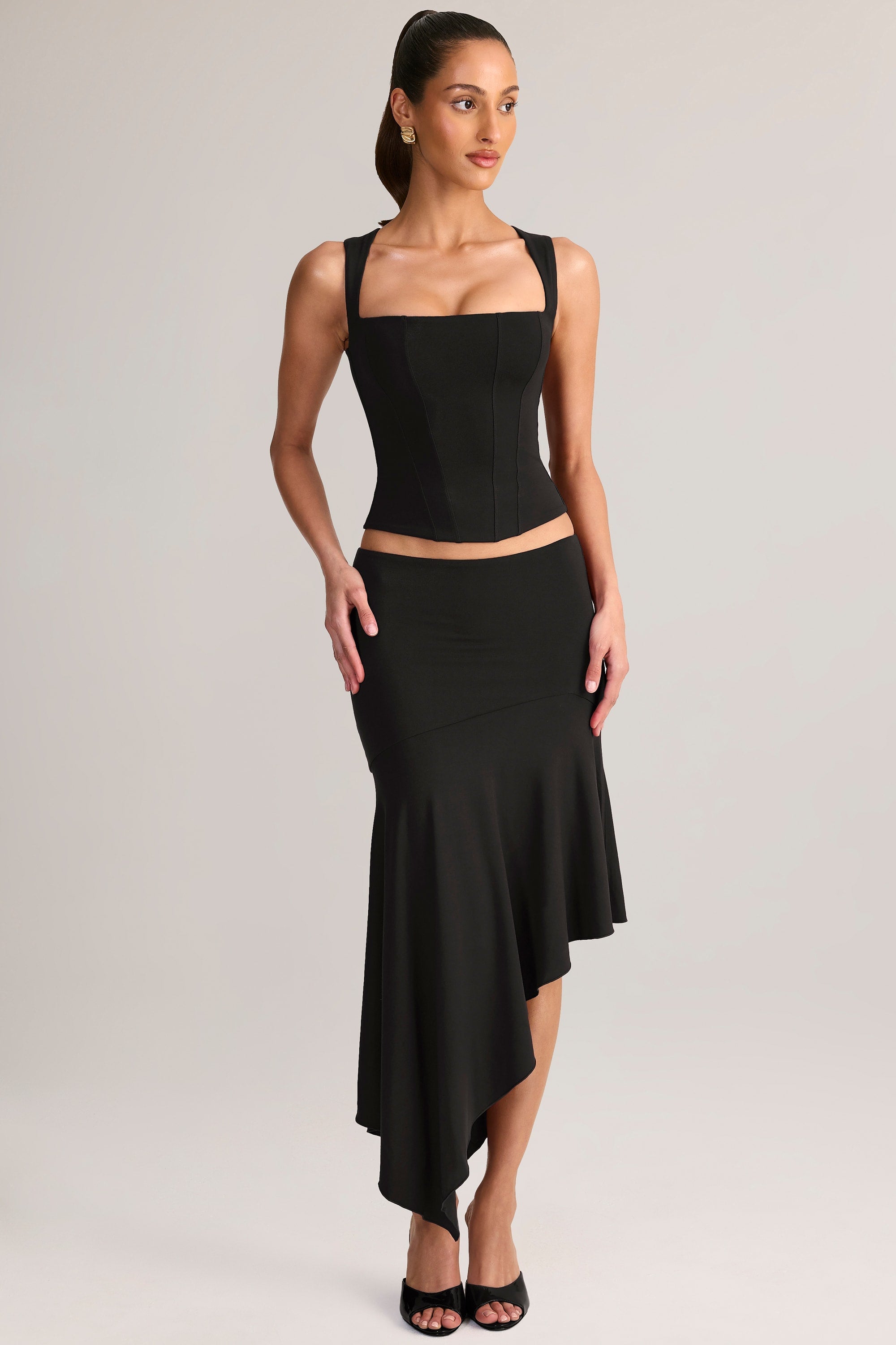 Modal Asymmetric Low-Rise Midaxi Skirt in Black
