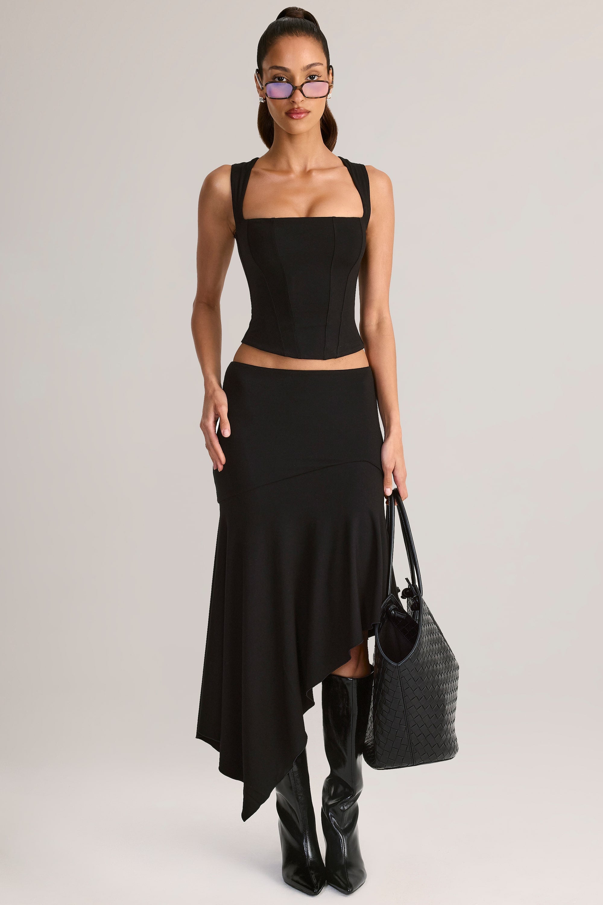 Modal Asymmetric Low-Rise Midaxi Skirt in Black
