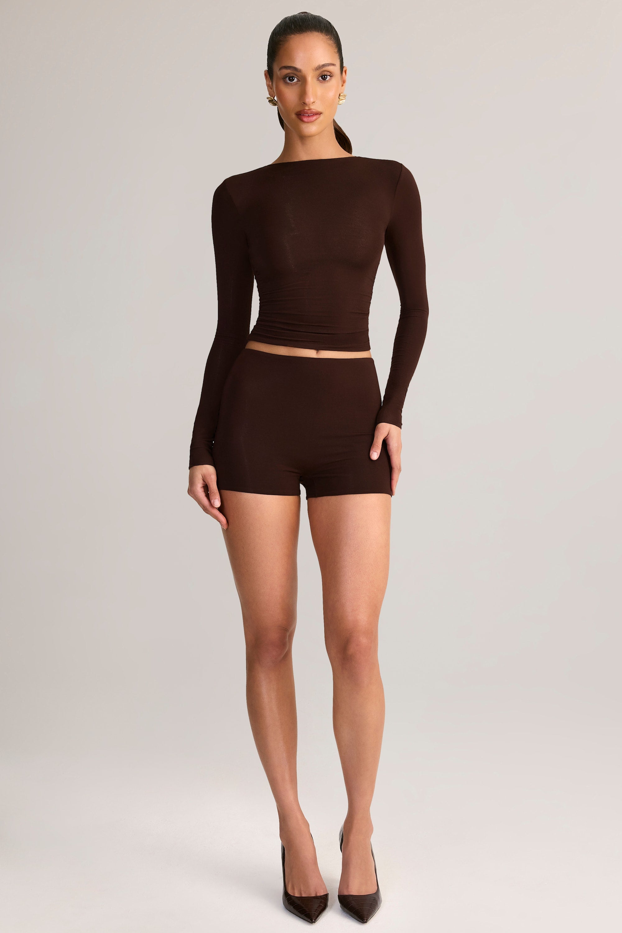 Modal High-Rise Mini Shorts in Chocolate Brown