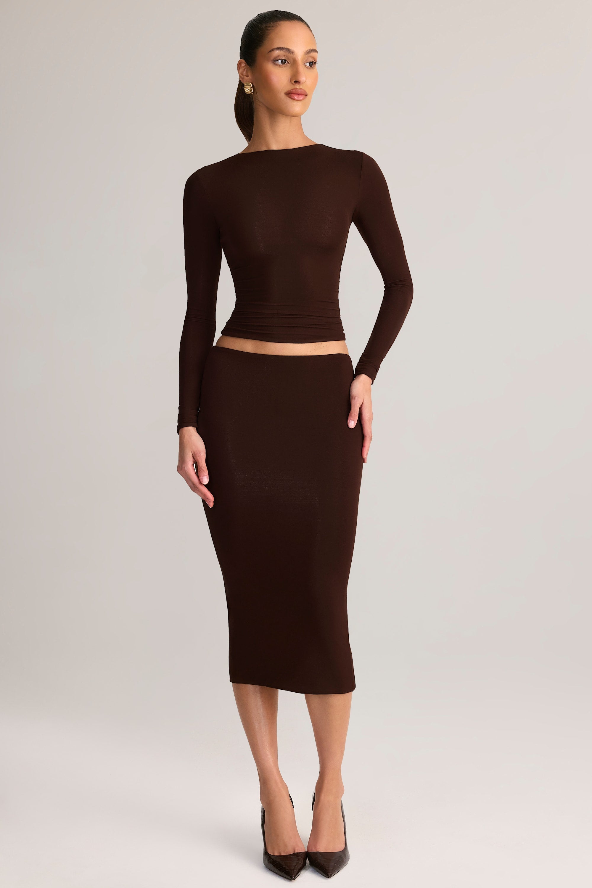 Modal Mid-Rise Pencil Skirt in Chocolate Brown