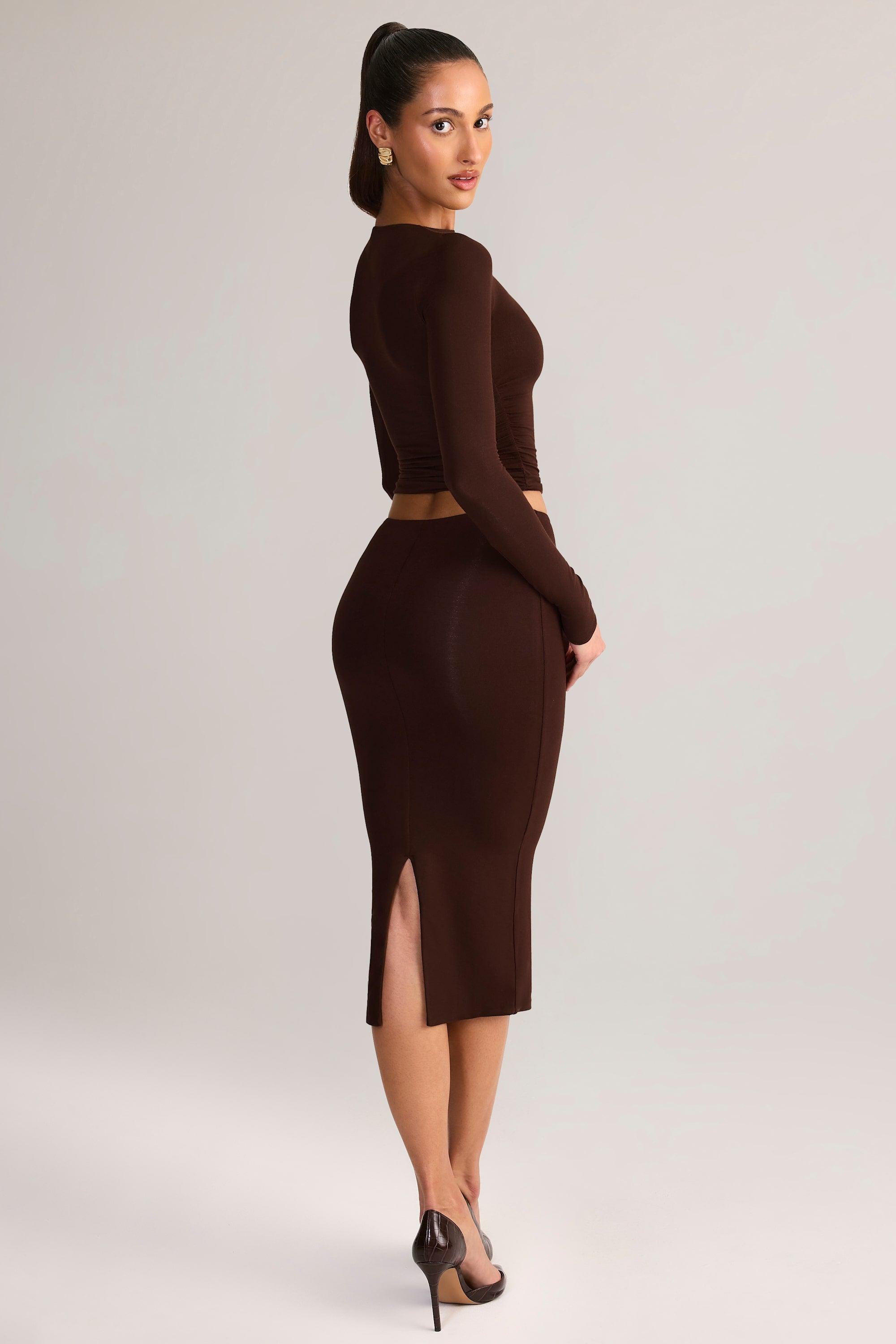 Modal Mid-Rise Pencil Skirt in Chocolate Brown