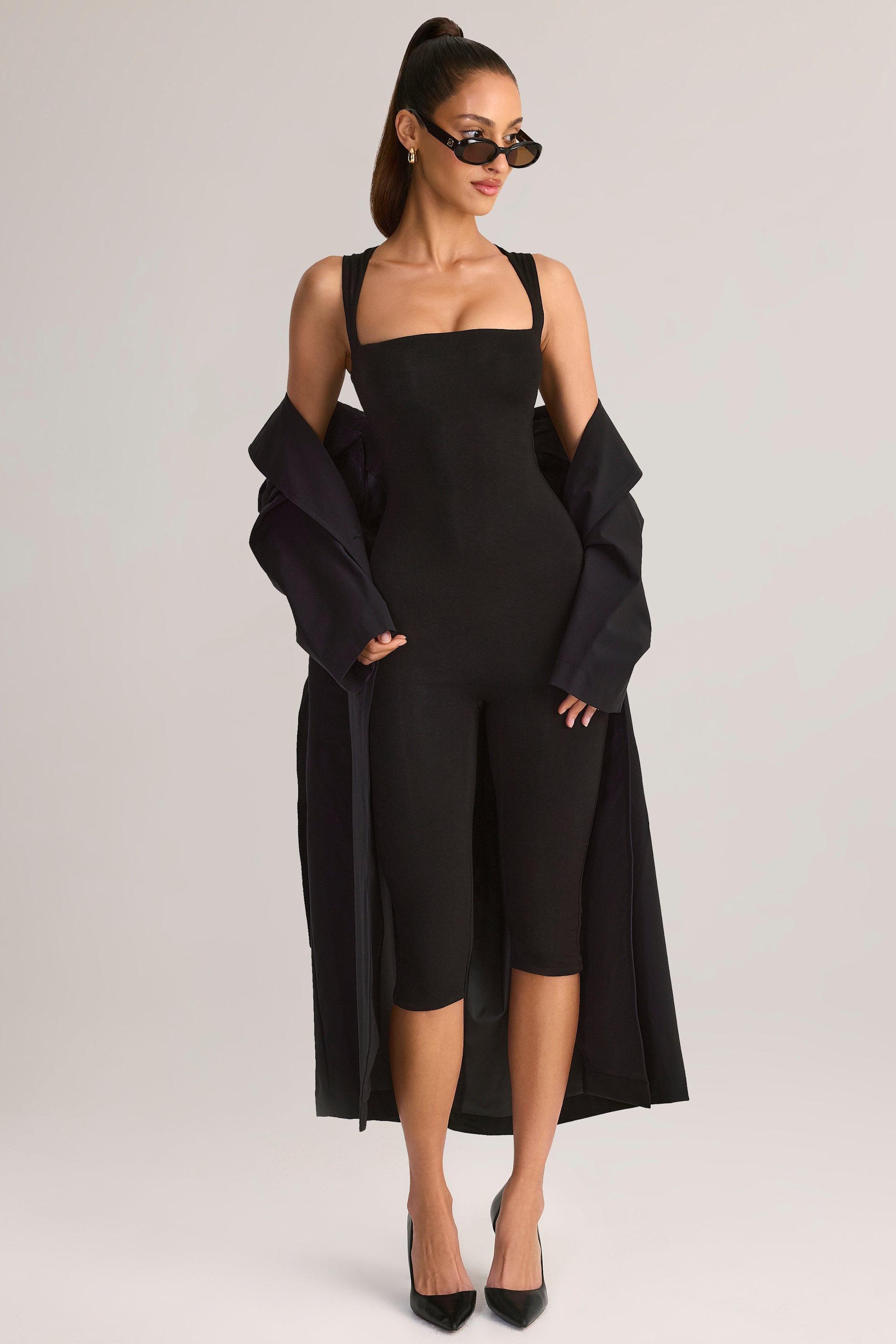 Modal Square-Neck Capri Jumpsuit in Black