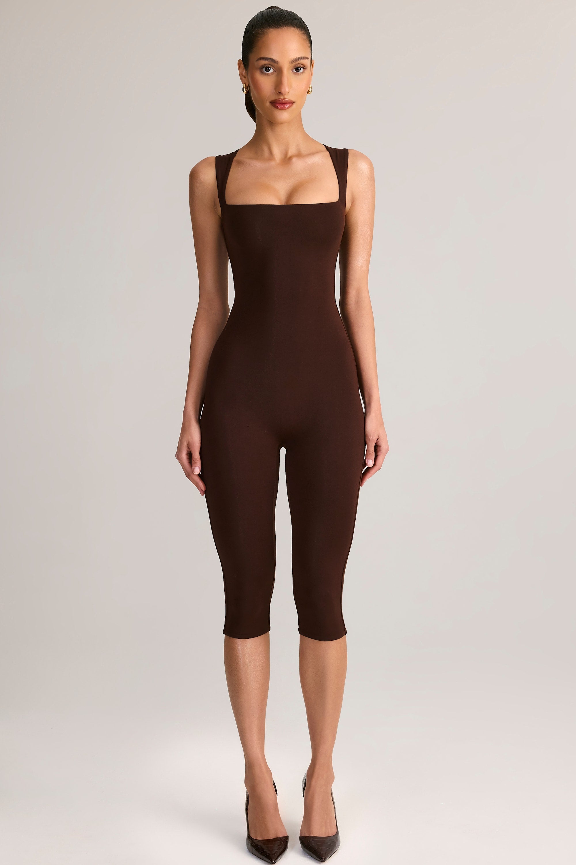 Modal Square-Neck Capri Jumpsuit in Chocolate Brown
