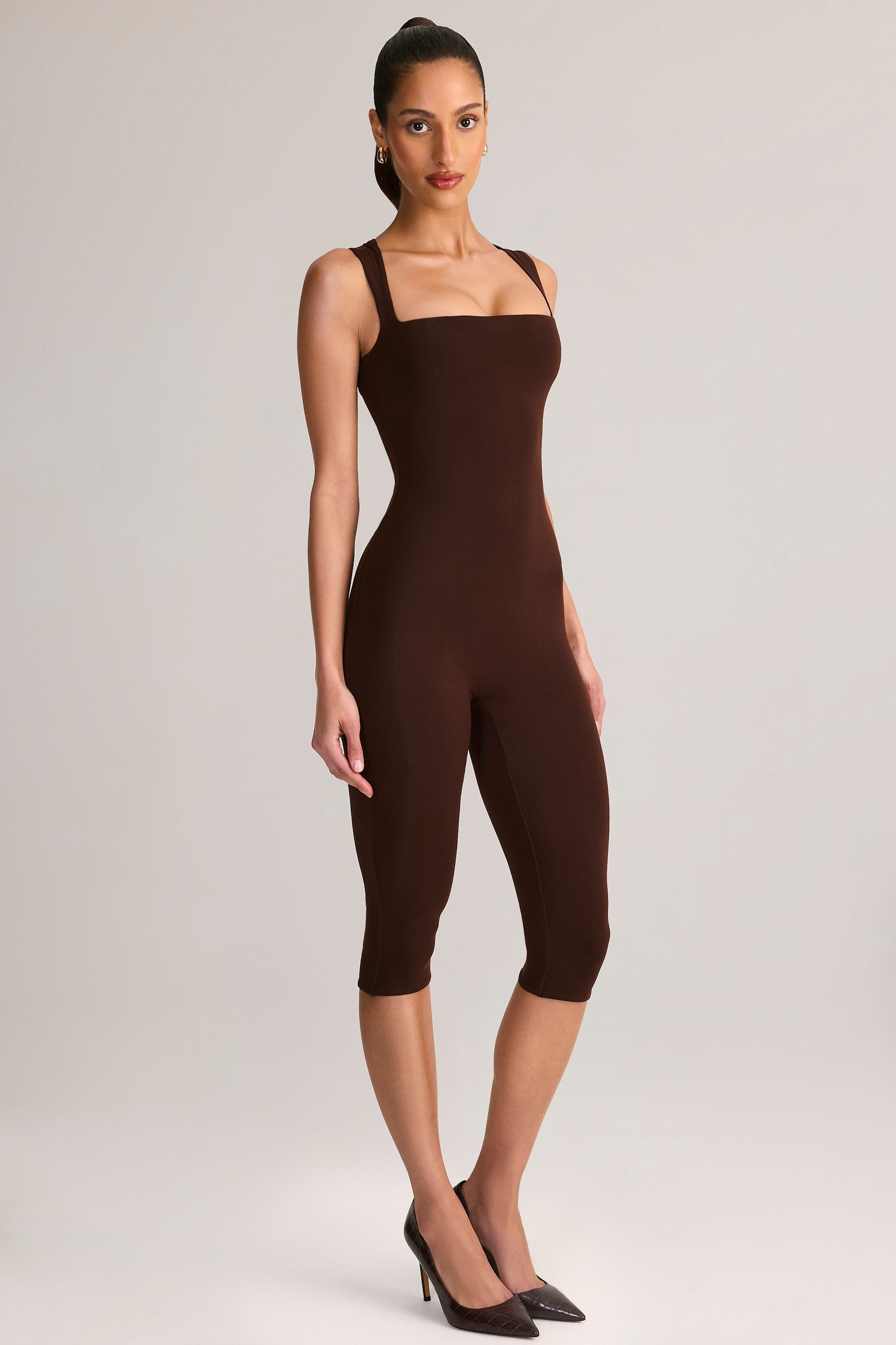 Modal Square-Neck Capri Jumpsuit in Chocolate Brown