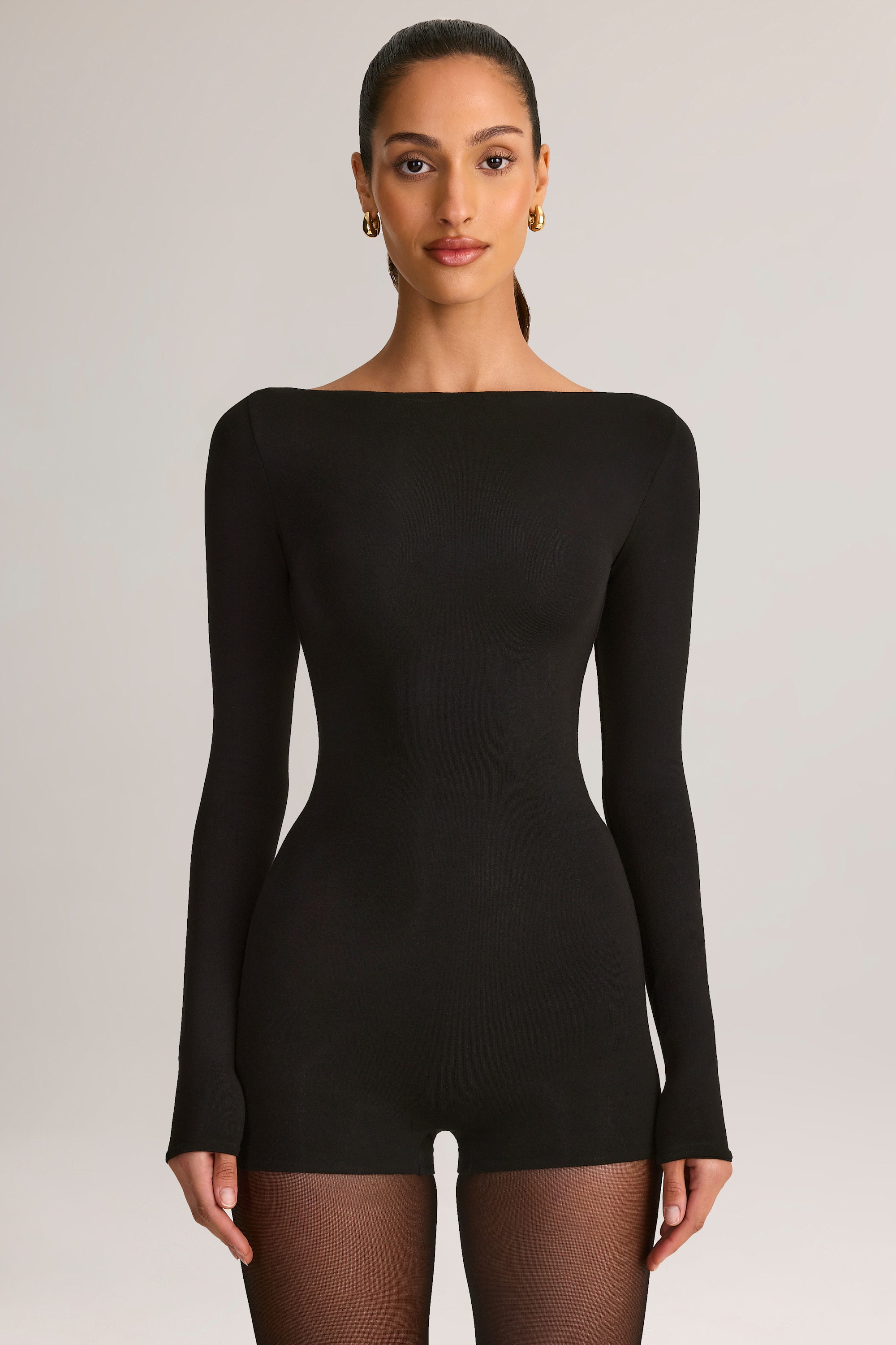 Modal Boat-Neck Long-Sleeve Playsuit in Black