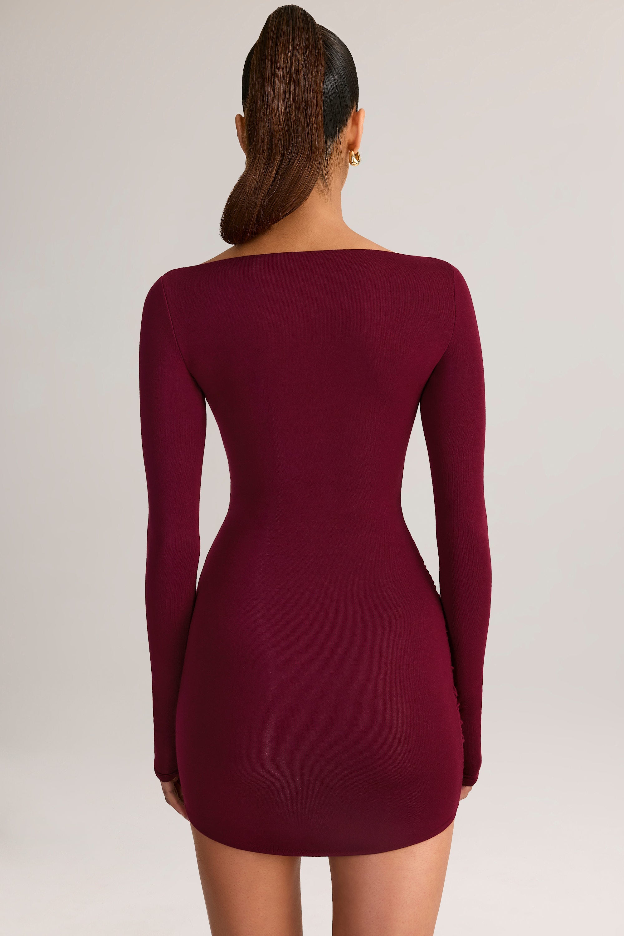 Modal Draped Long-Sleeve Mini Dress in Wine