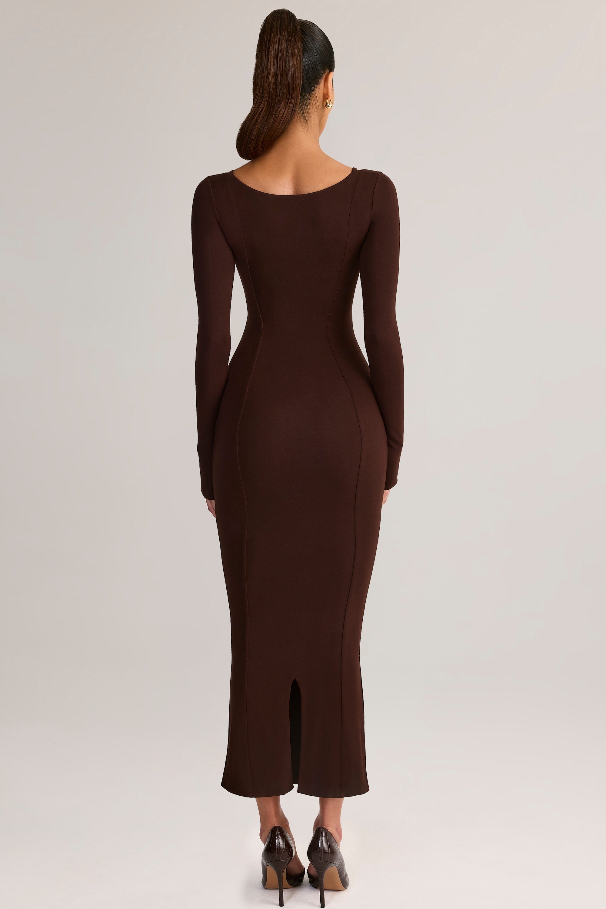 Modal Peekaboo Long-Sleeve Midi Dress in Chocolate Brown