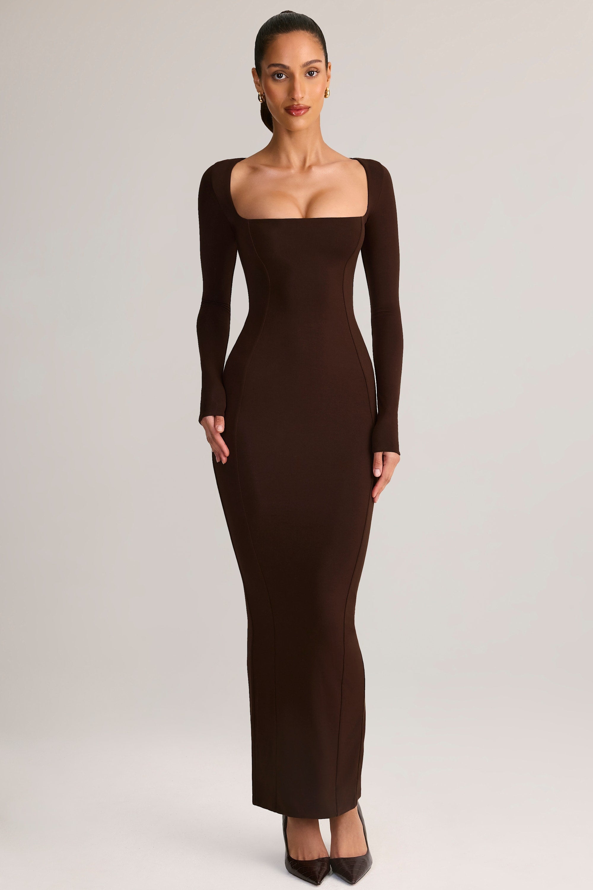 Modal Square-Neck Maxi Dress in Chocolate Brown