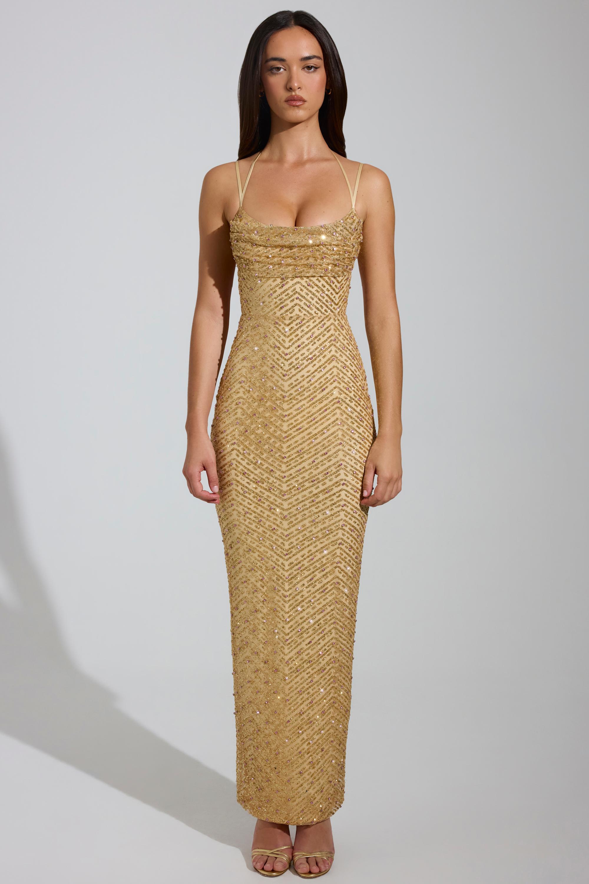 Embellished Cowl-Neck Maxi Dress in Gold
