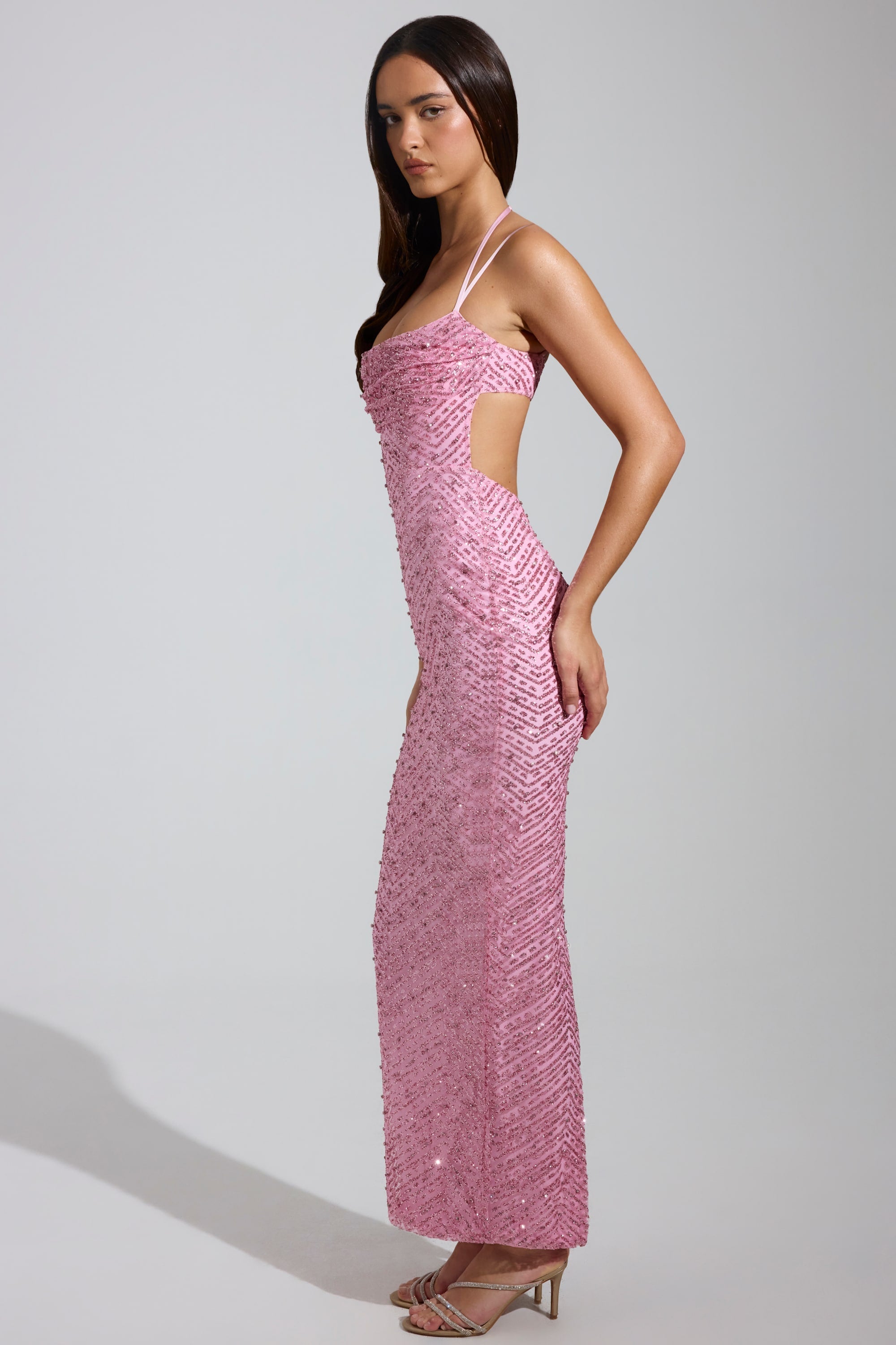 Embellished Cowl-Neck Maxi Dress in Pink