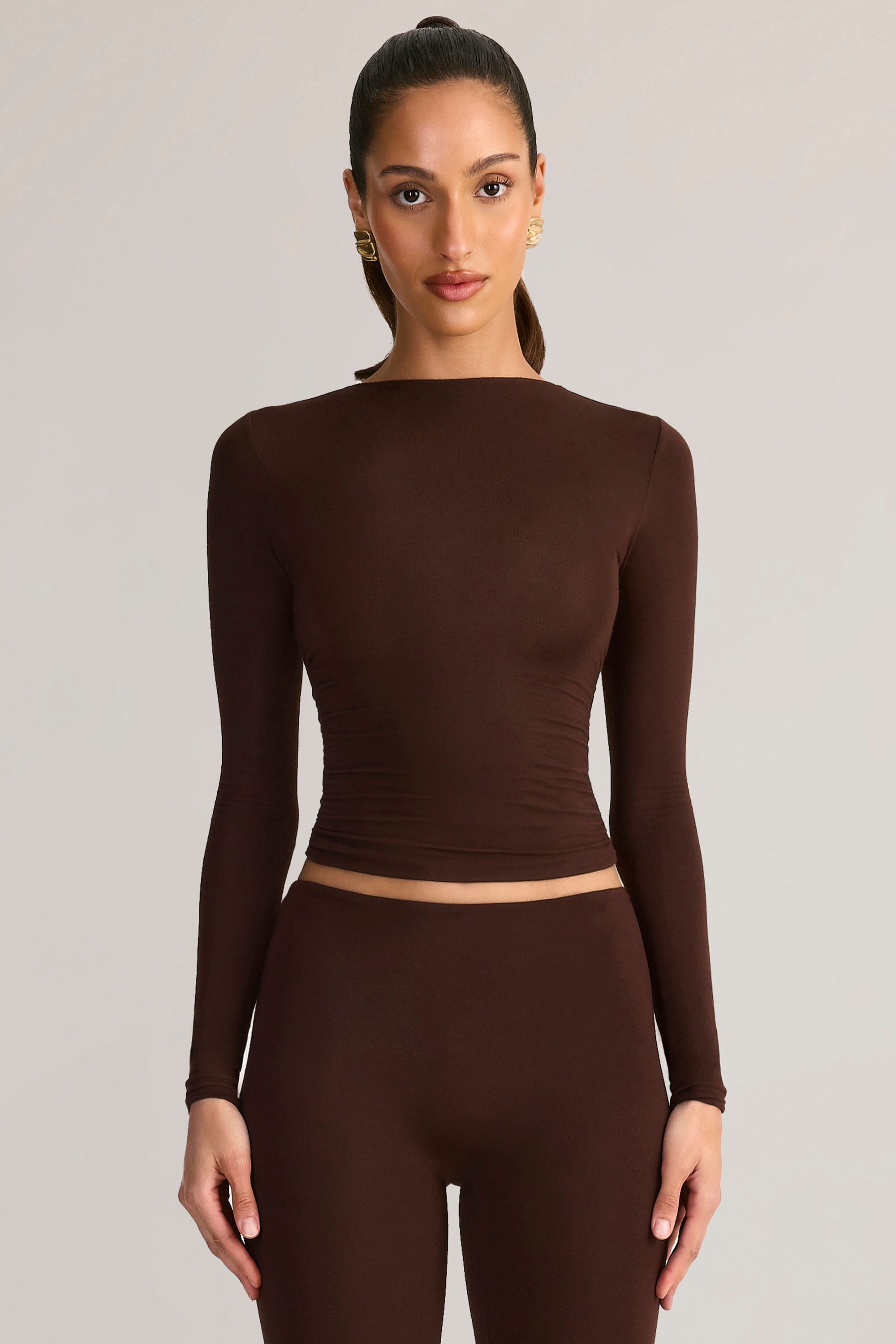 Modal Ruched Long-Sleeve Top in Chocolate Brown