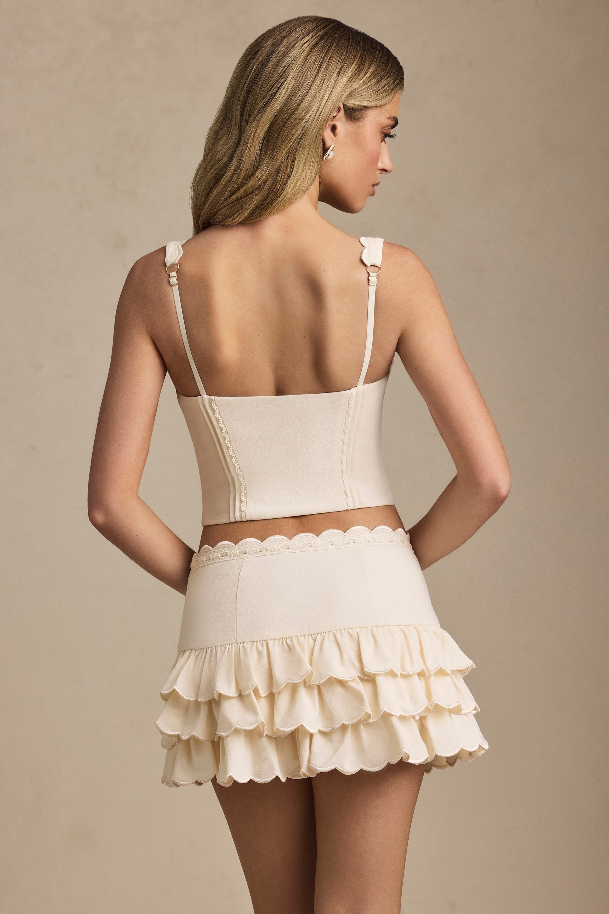 Layered Ruffled Low-Rise Mini Skirt in Ivory