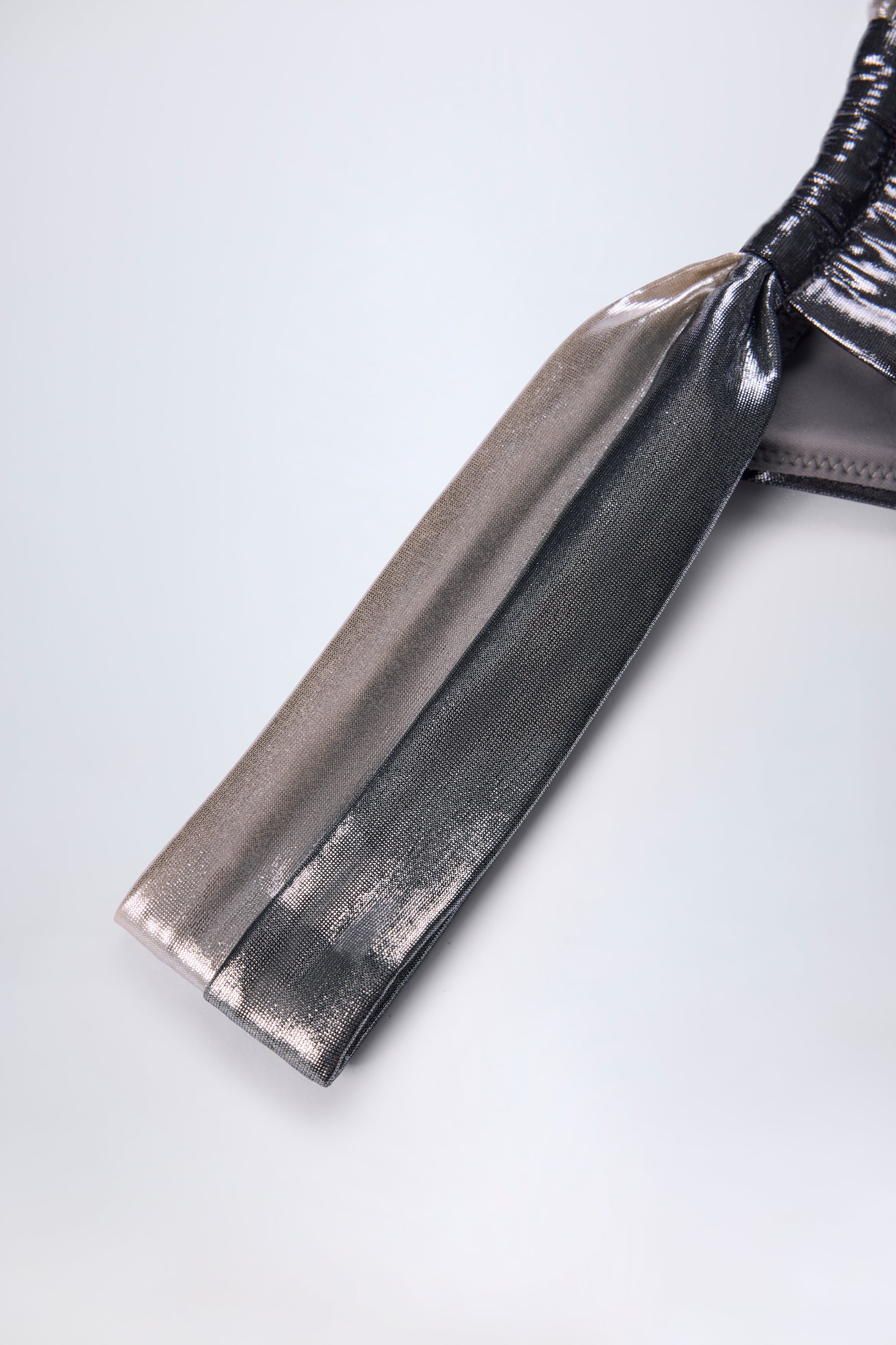 Ruched Thong Bikini Bottoms in Silver Chrome