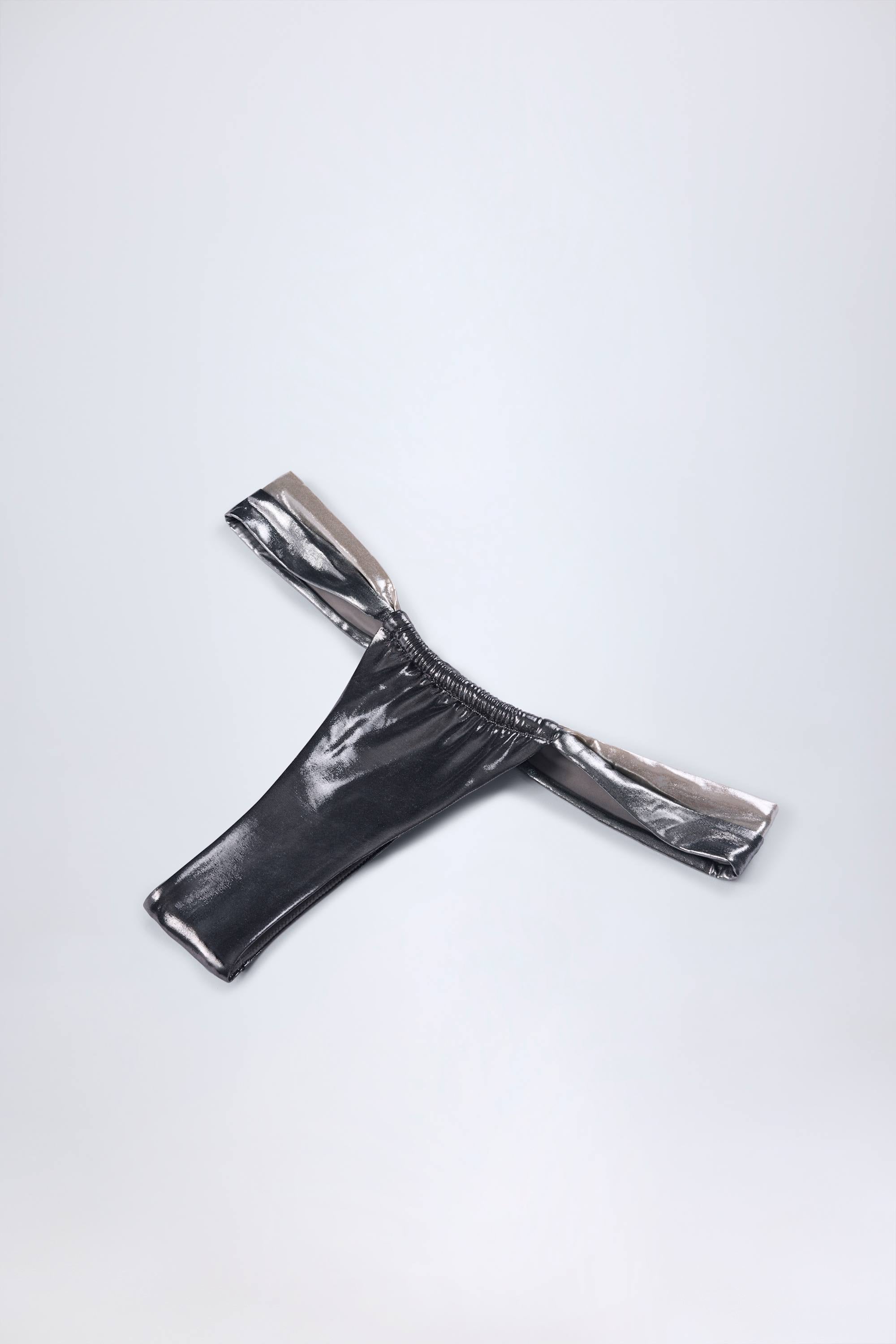 Ruched Thong Bikini Bottoms in Silver Chrome