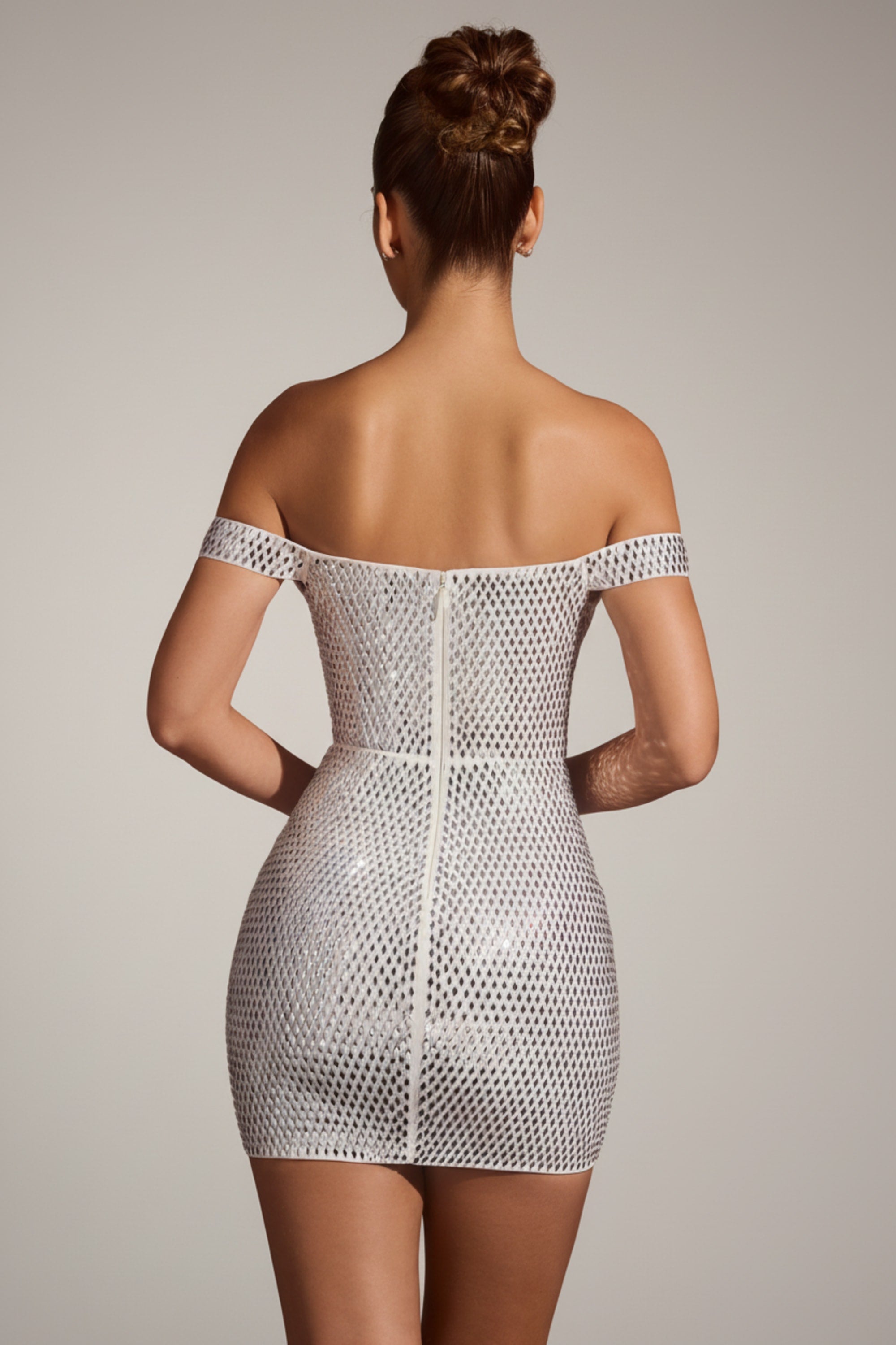 Embellished Off-Shoulder Mini Dress in White