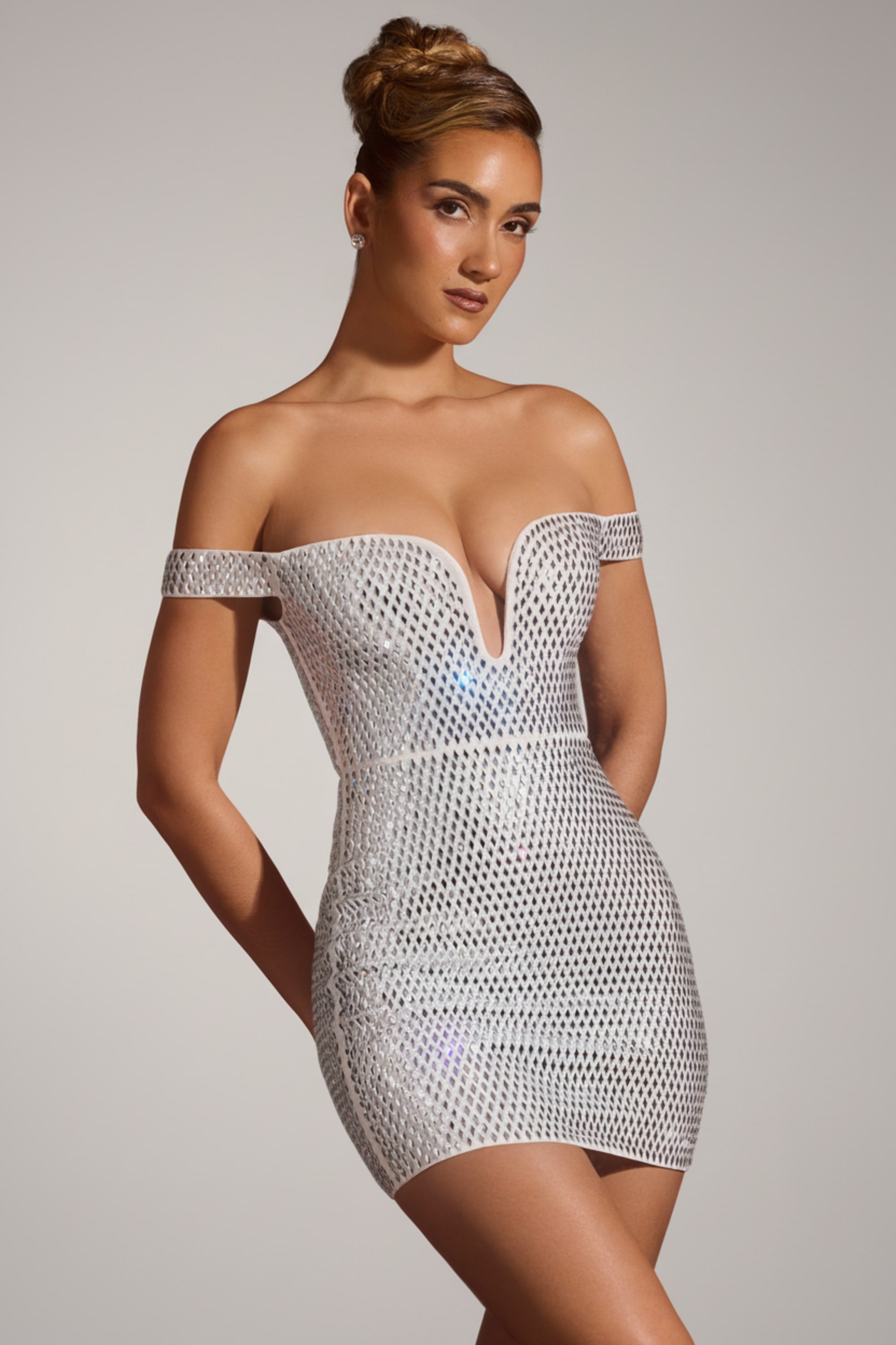 Embellished Off-Shoulder Mini Dress in White